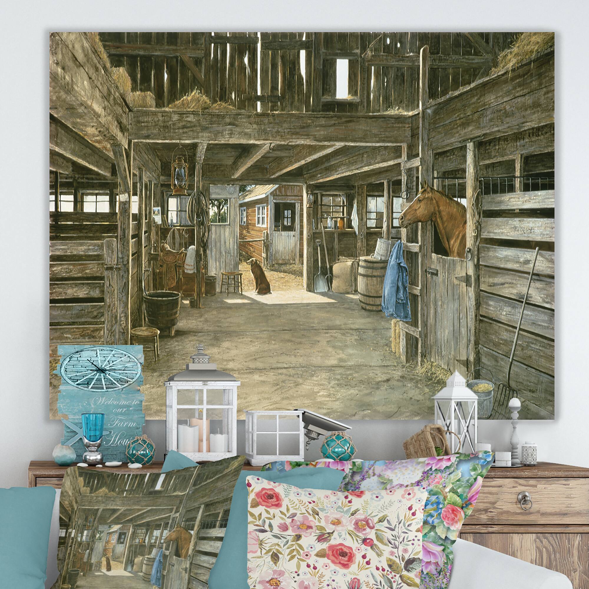 Designart - The Horse In The Barn And Dog In Doorway - Farmhouse Premium Canvas Wall Art