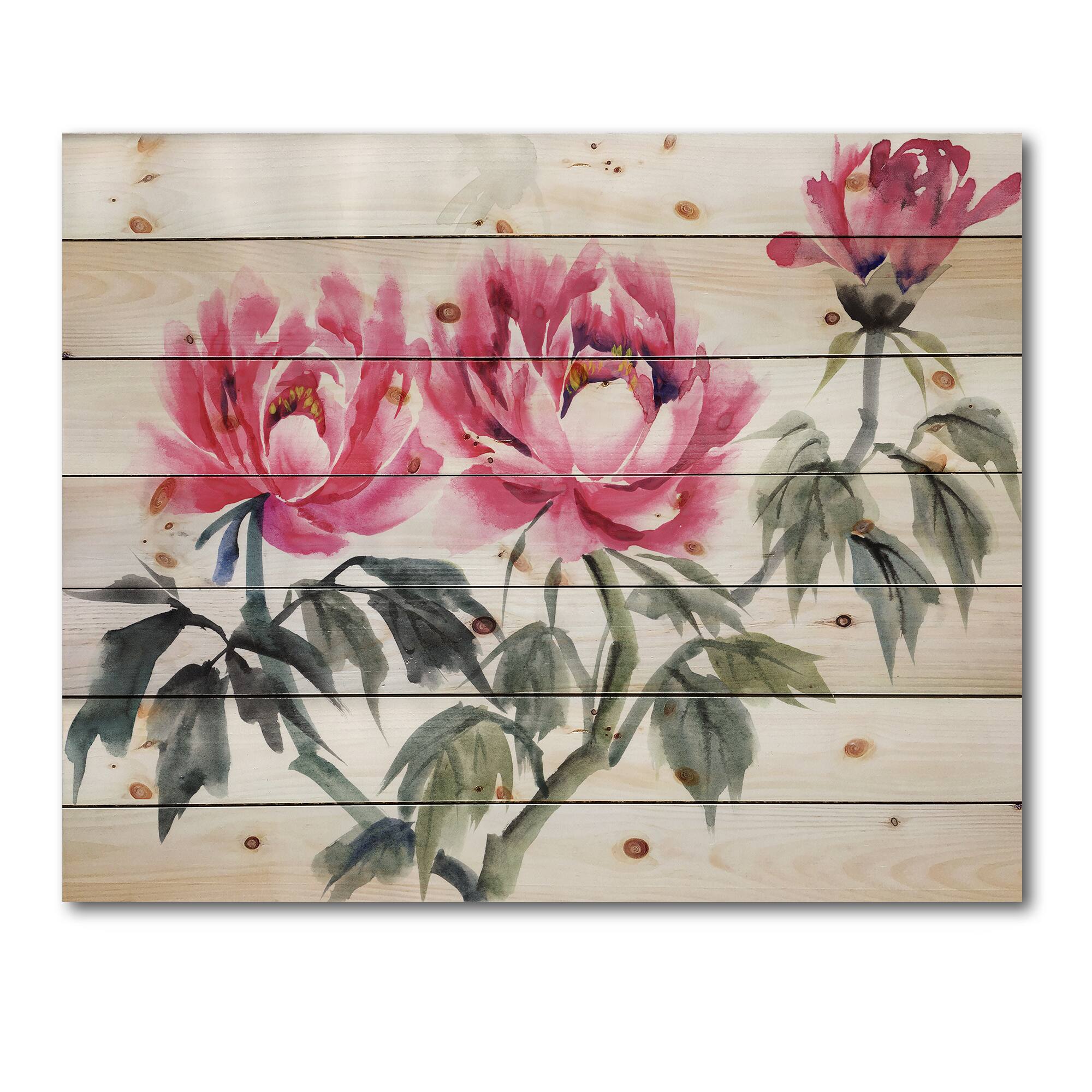 Designart - Vintage Purple Peonies Branch - Traditional Print on Natural Pine Wood
