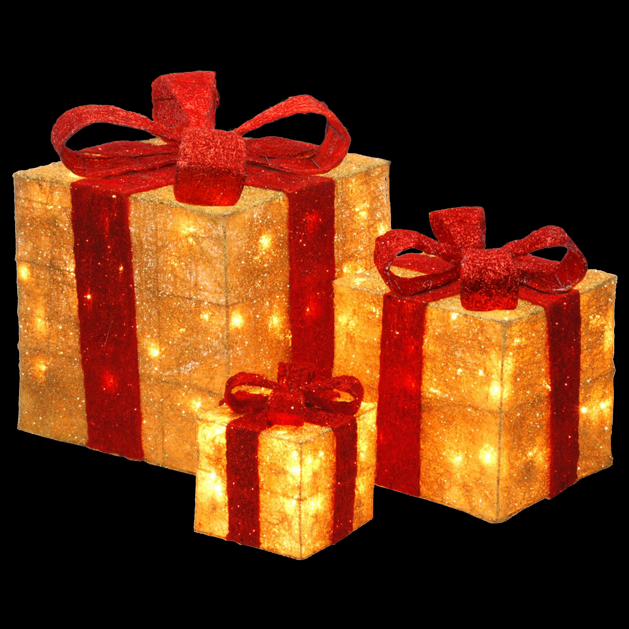 Set of 3 Gold Gift Boxes, Clear Lights