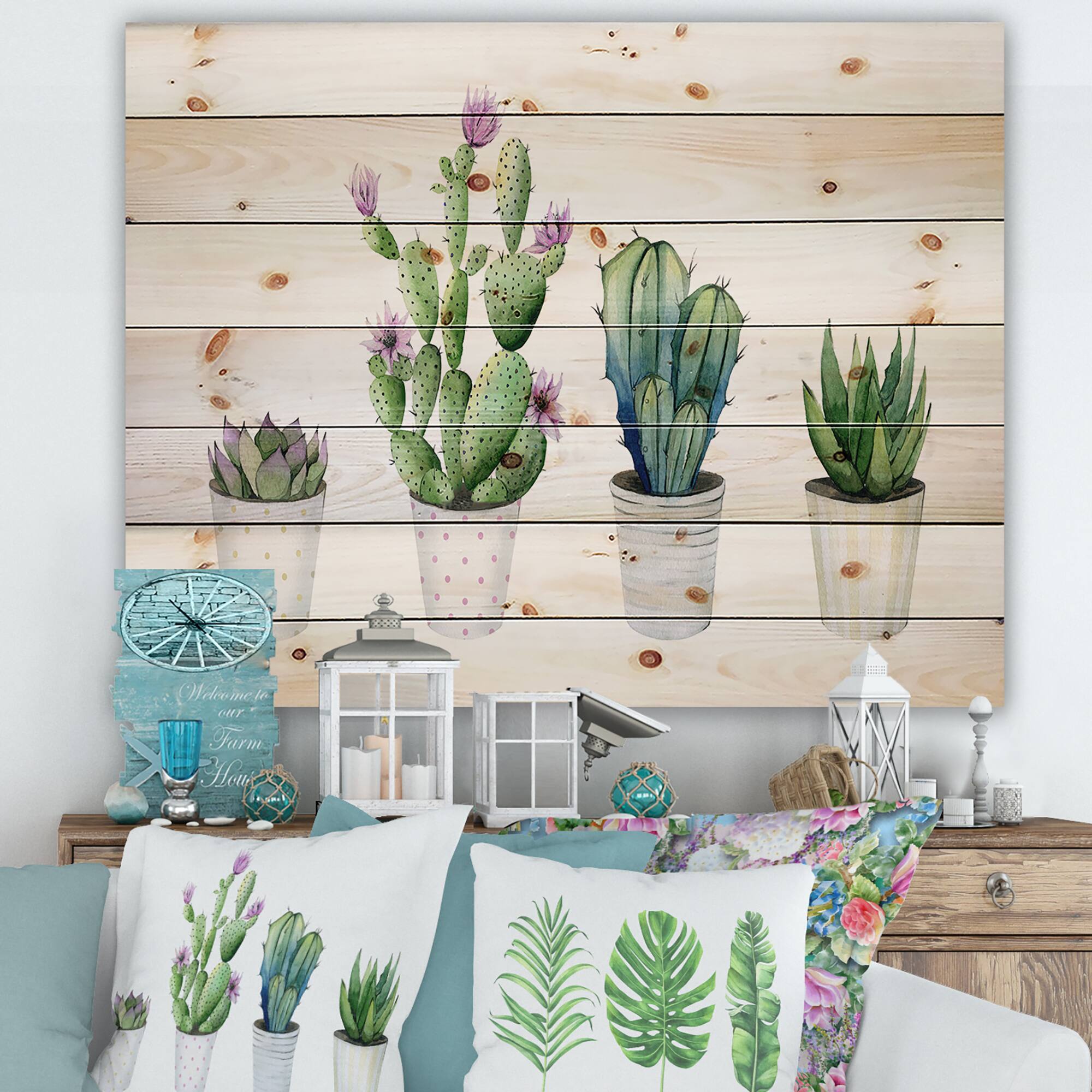 Designart - Cactus Succulent Aloe Vera Home Plants In The Pots - Botanical Print on Natural Pine Wood
