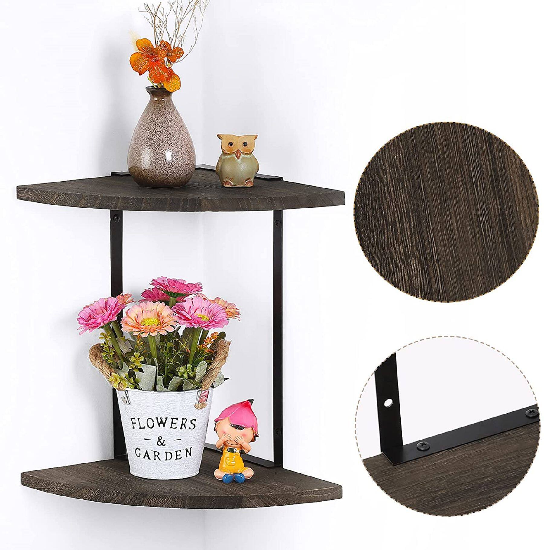 Rustic Brown 2-Tier Floating Corner Shelf