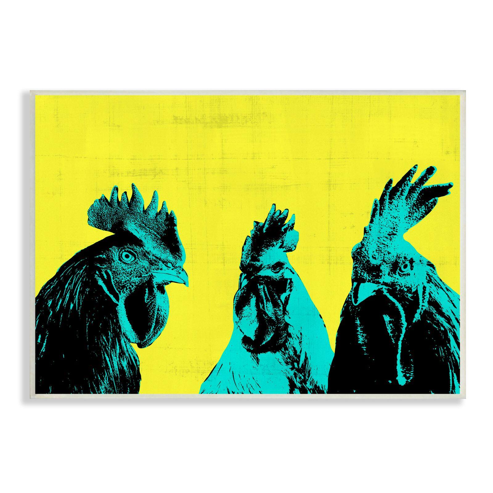 Stupell Industries Bold Pop Farm Roosters Yellow Blue Abstract Birds Wall Plaque