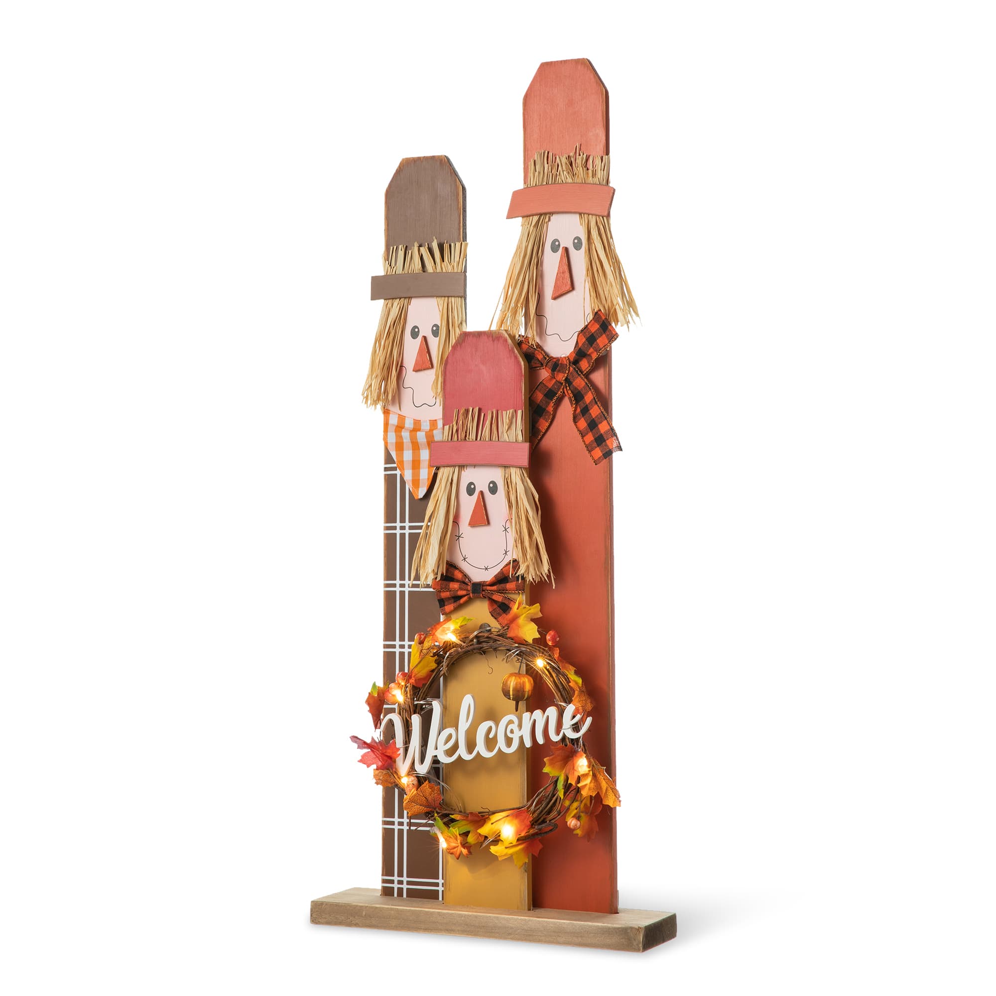 Glitzhome&#xAE; 36.25&#x22; Wooden Scarecrow Family Porch D&#xE9;cor with Lighted Wreath &#x26; Timer