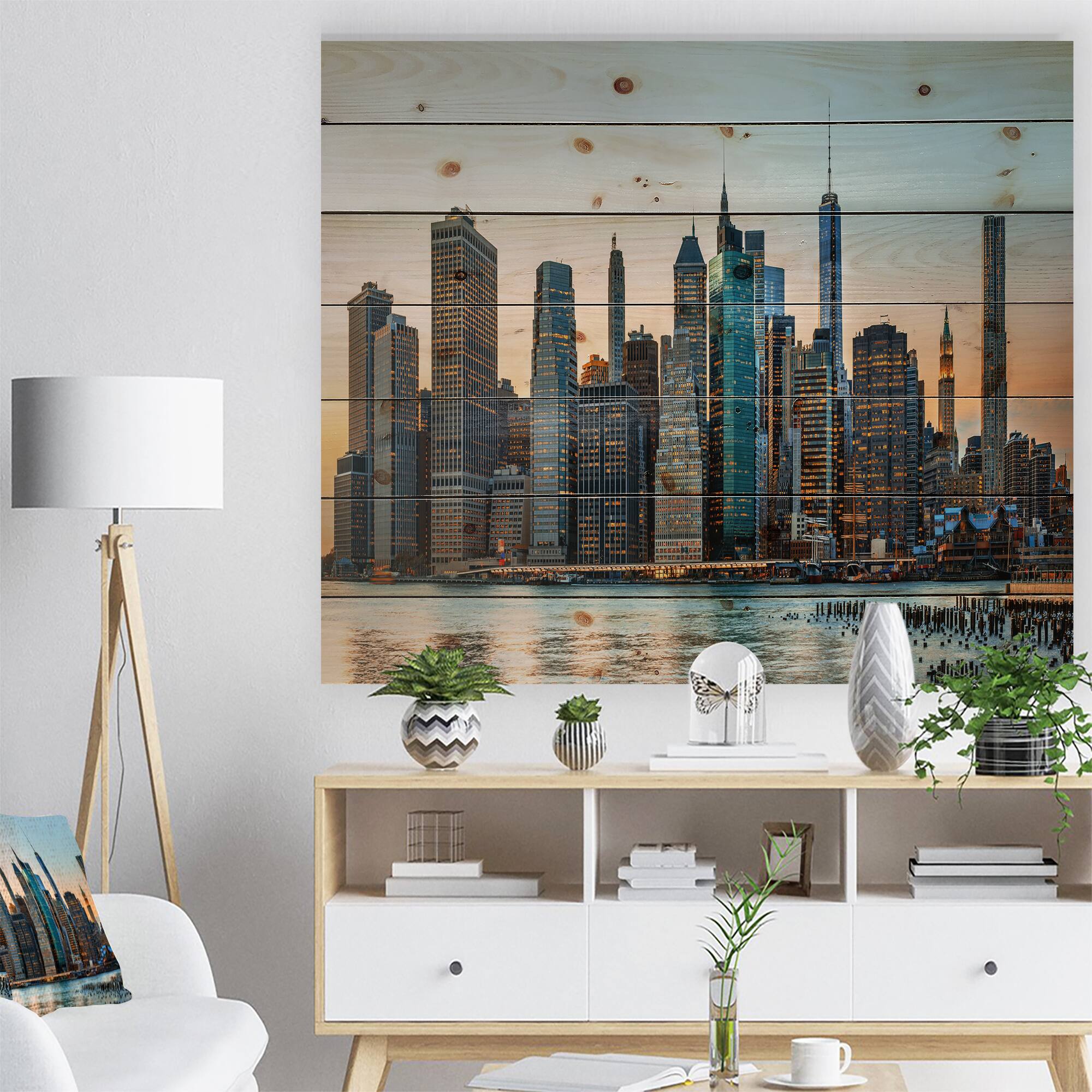 Designart - New York City Skyline - Photography Print on Natural Pine Wood