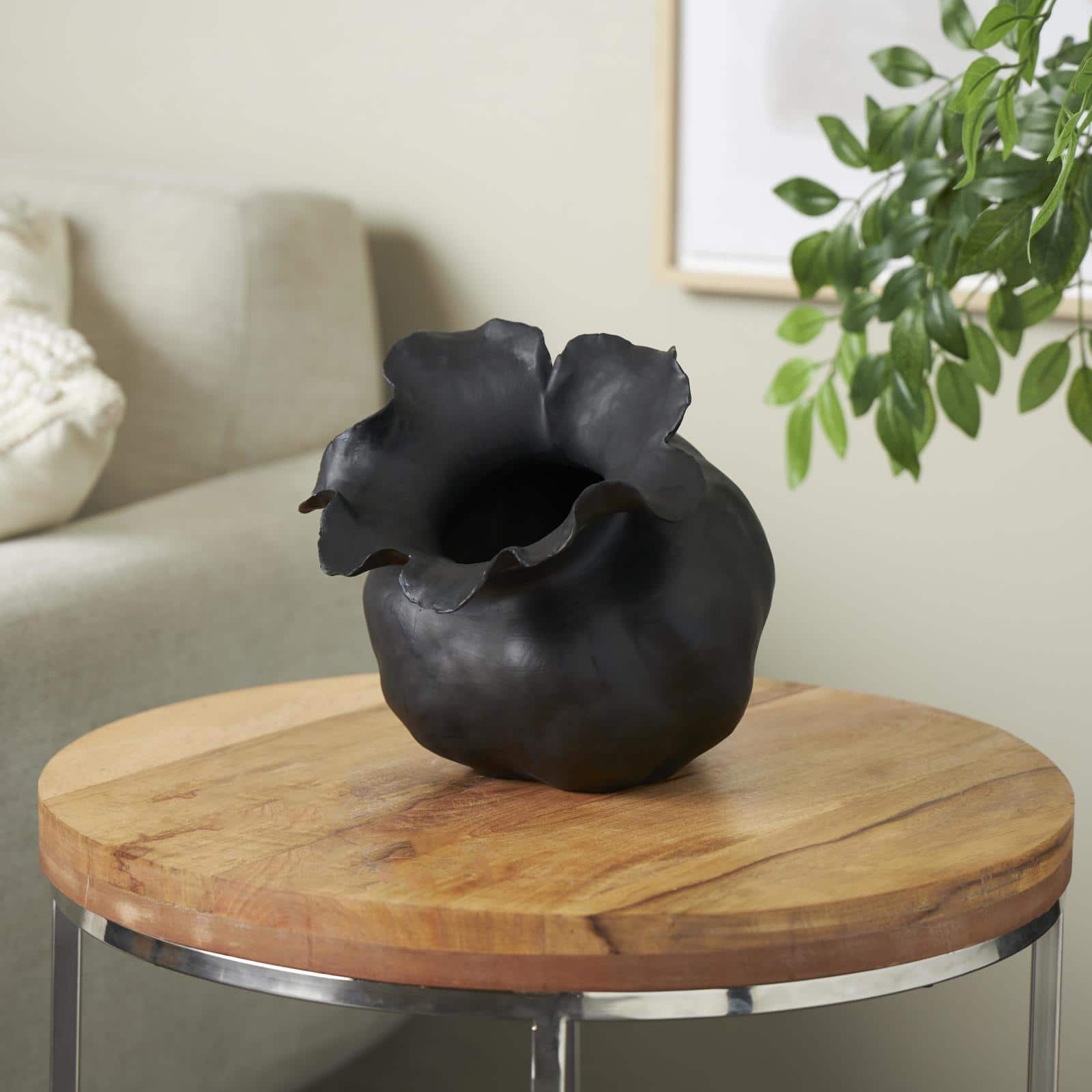 8.75&#x22; Black Ceramic Abstract Wide Rounded Floral Shaped Decorative Vase with Petal Rim