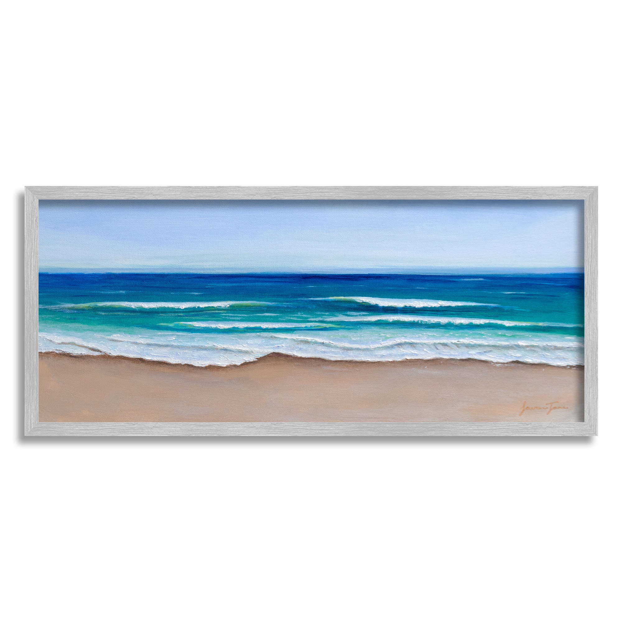 Stupell Industries Vibrant Blue Beach Coast Ocean Shoreline Panoramic Painting Framed Wall Art