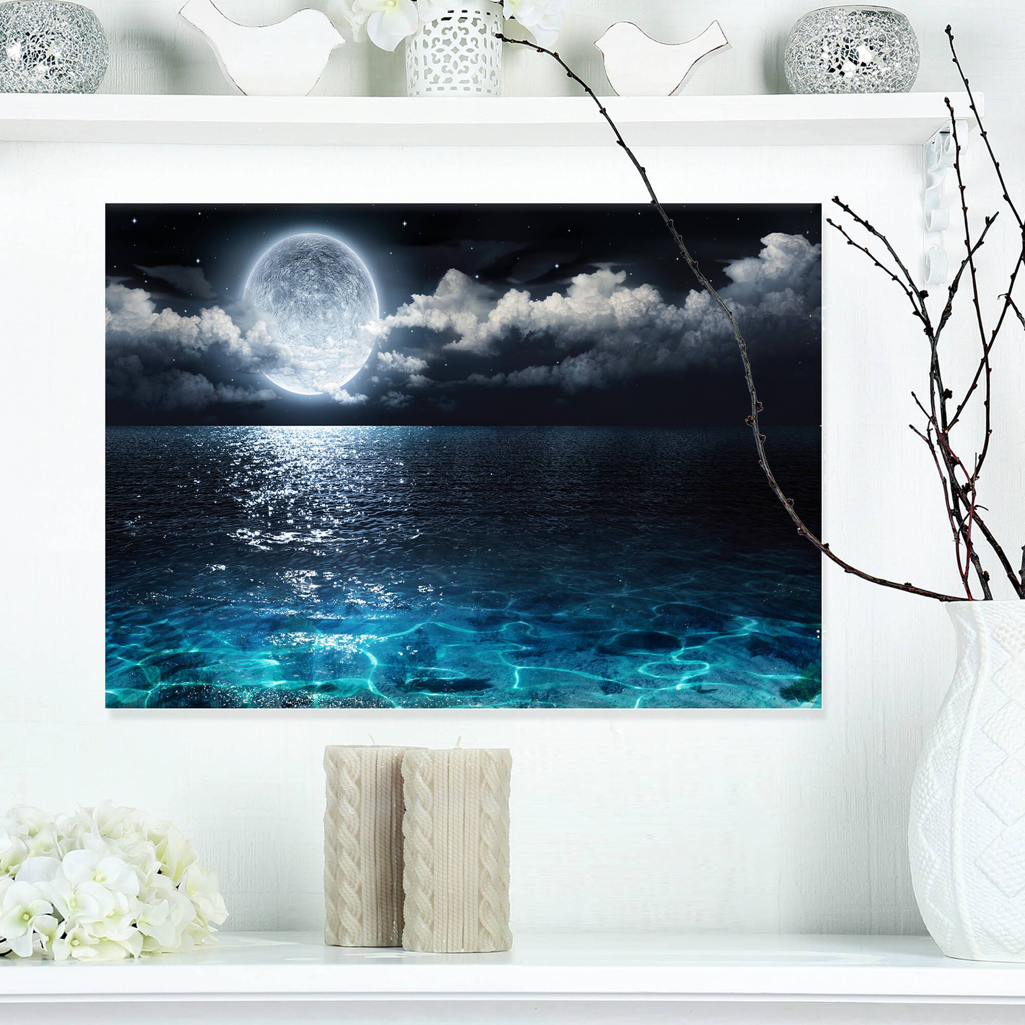 Designart - Romantic Full Moon Over Sea - Seascape Canvas Art Print