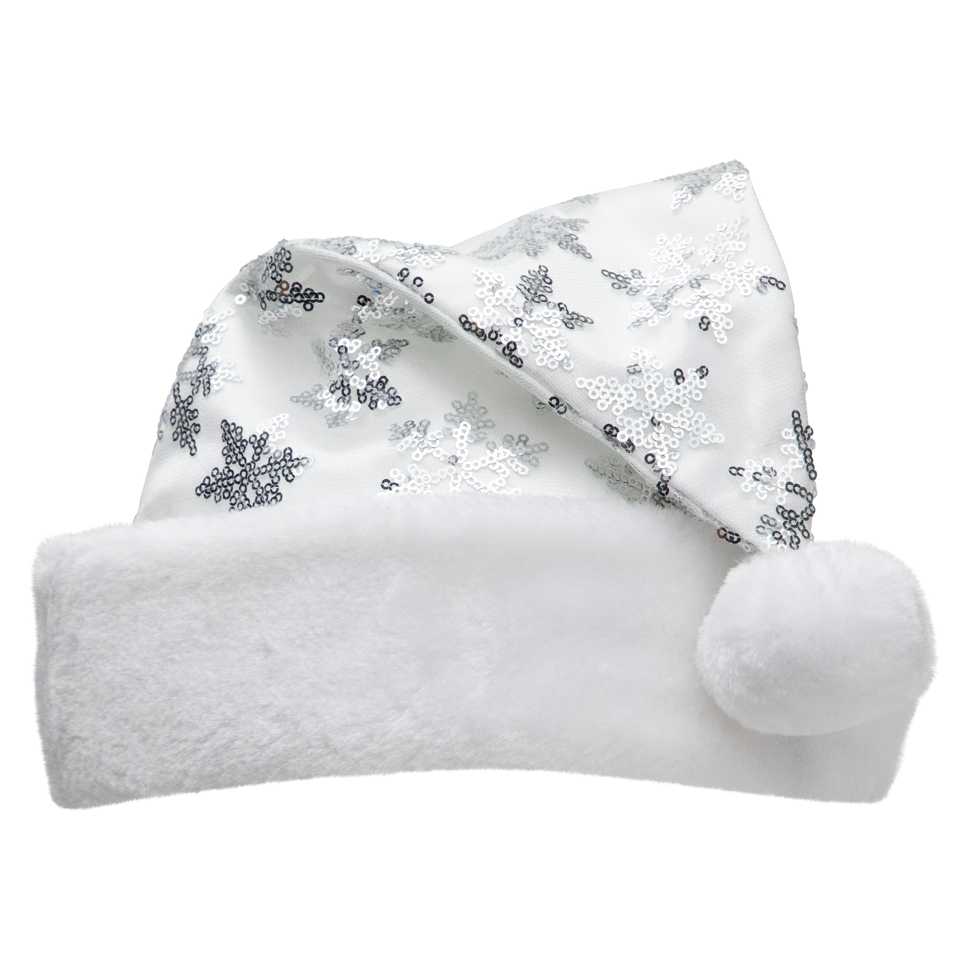 14" Adult Medium Sequin Snowflake Santa Hat, White