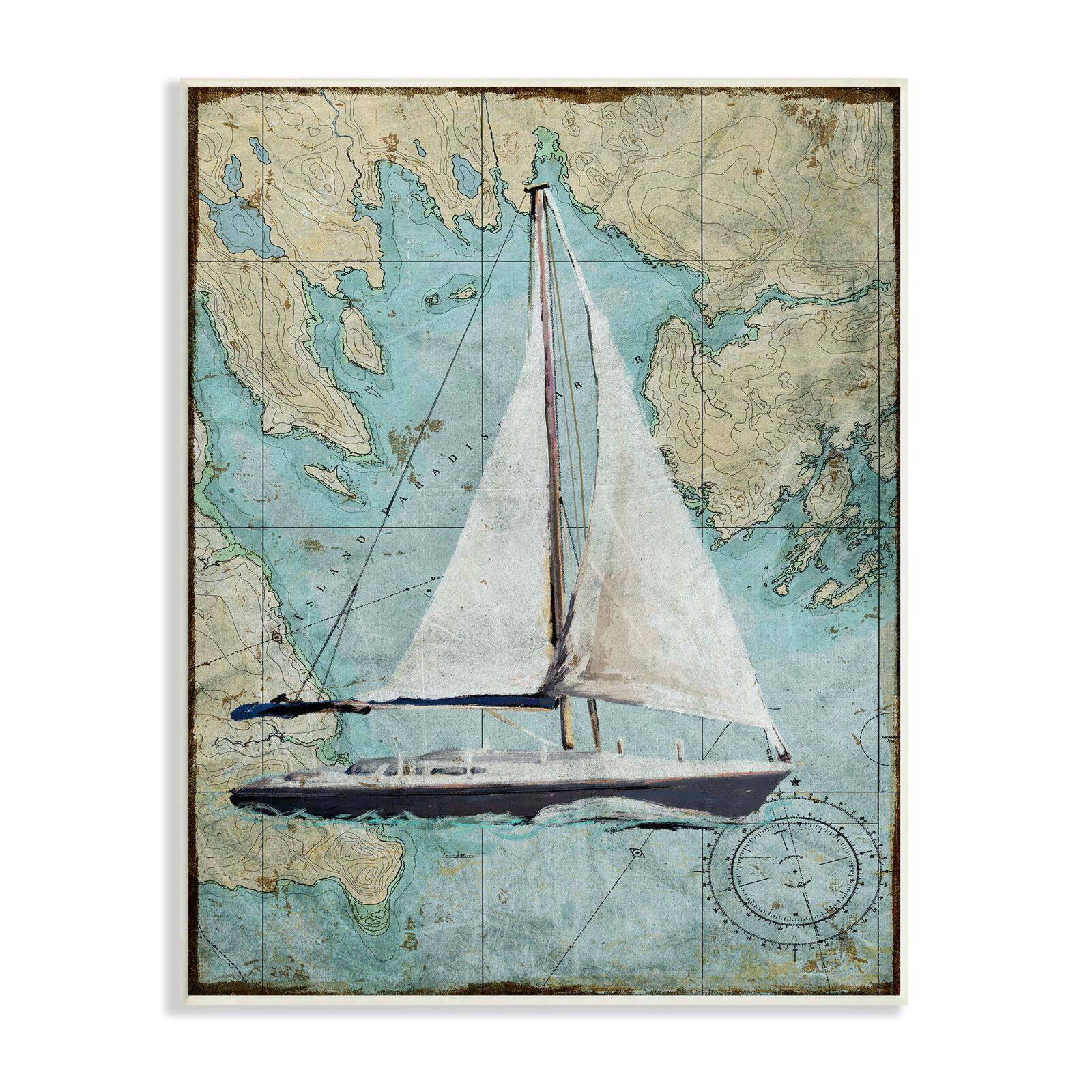 Stupell Industries Vintage World Map Sail Boat Ocean Coast Painting Wood Wall Plaque