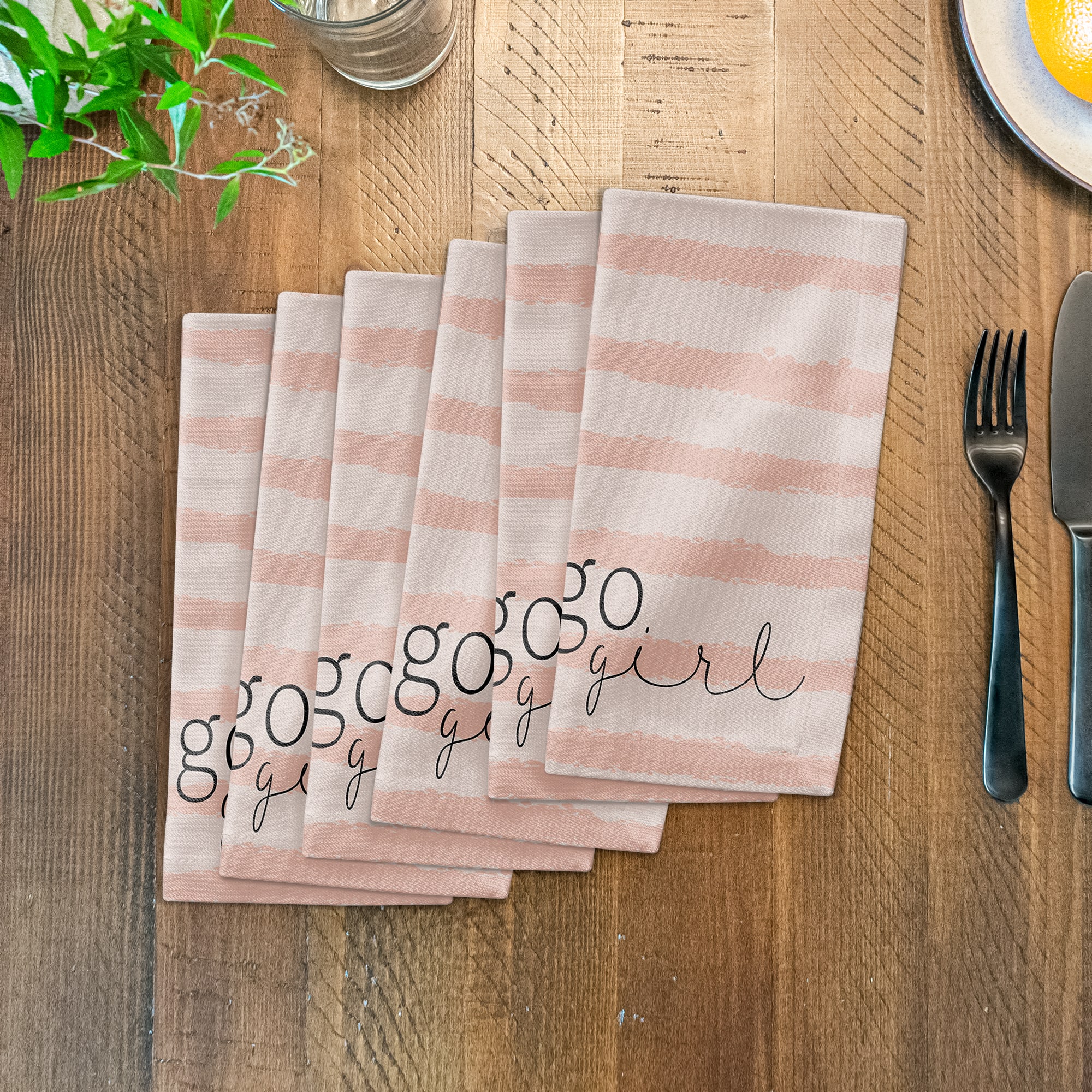 Go Girl Pink Stripes on Cream 10" x 10" Cotton Twill Napkin