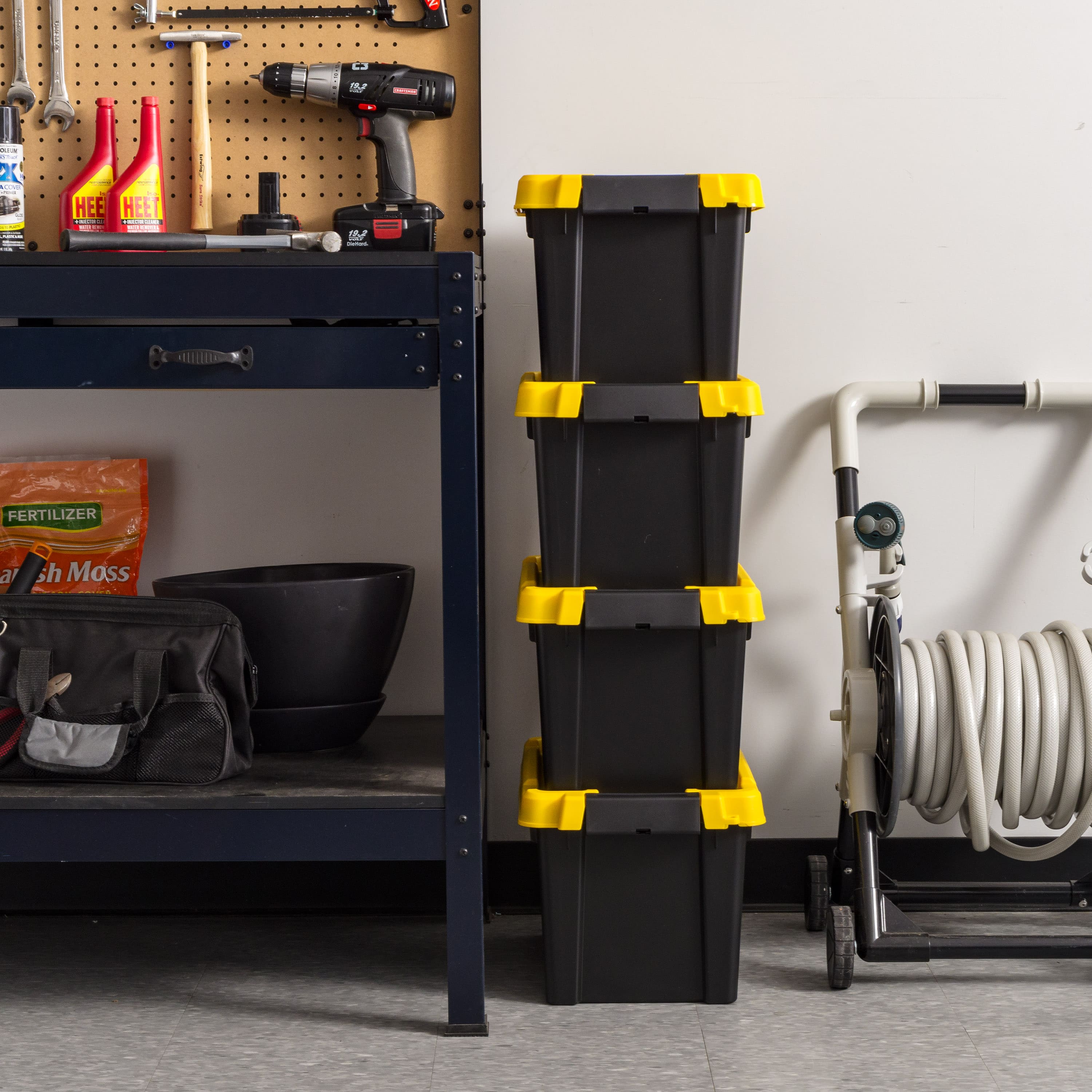 IRIS&#xAE; 21.9qt. Black Store-It-All Utility Totes with Yellow Buckle Lids, 4ct.