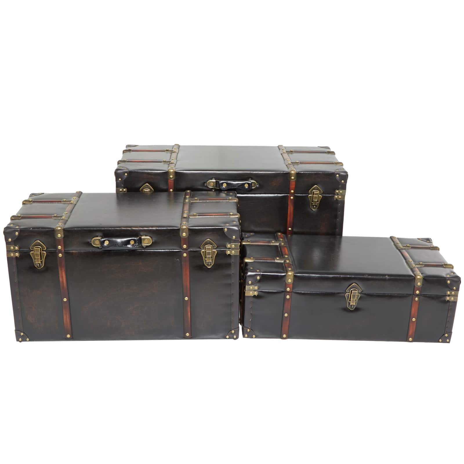 Dark Brown Faux Leather Studded Trunk with Latches & Handles Set