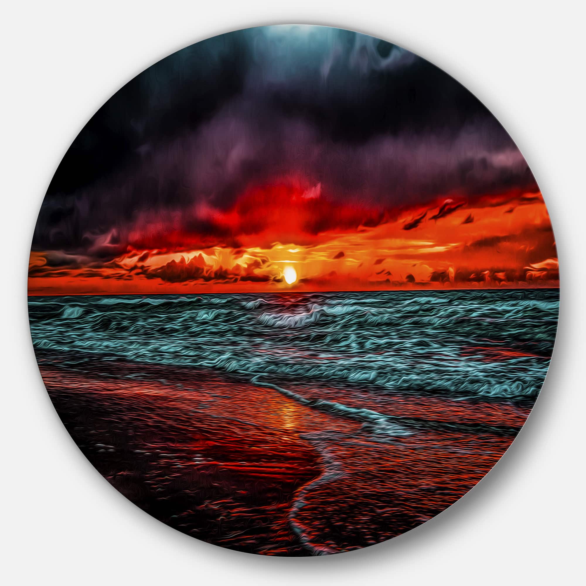 Designart - Red Sunset over Blue Waters' Ultra Vibrant Seascape Metal Circle Wall Art