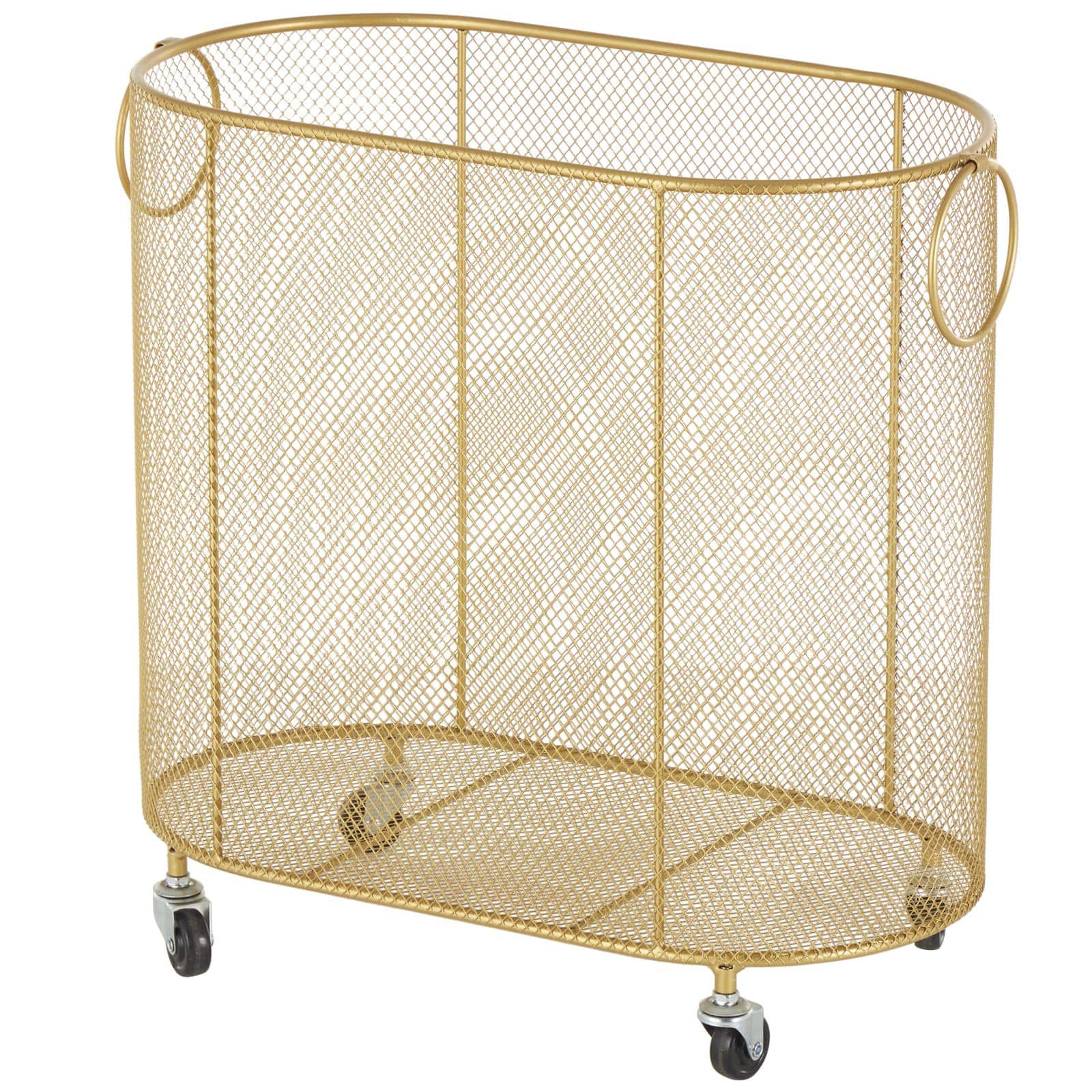 21&#x22; Metal Oval Mesh Wire Rolling Laundry Storage Cart with Ring Handles