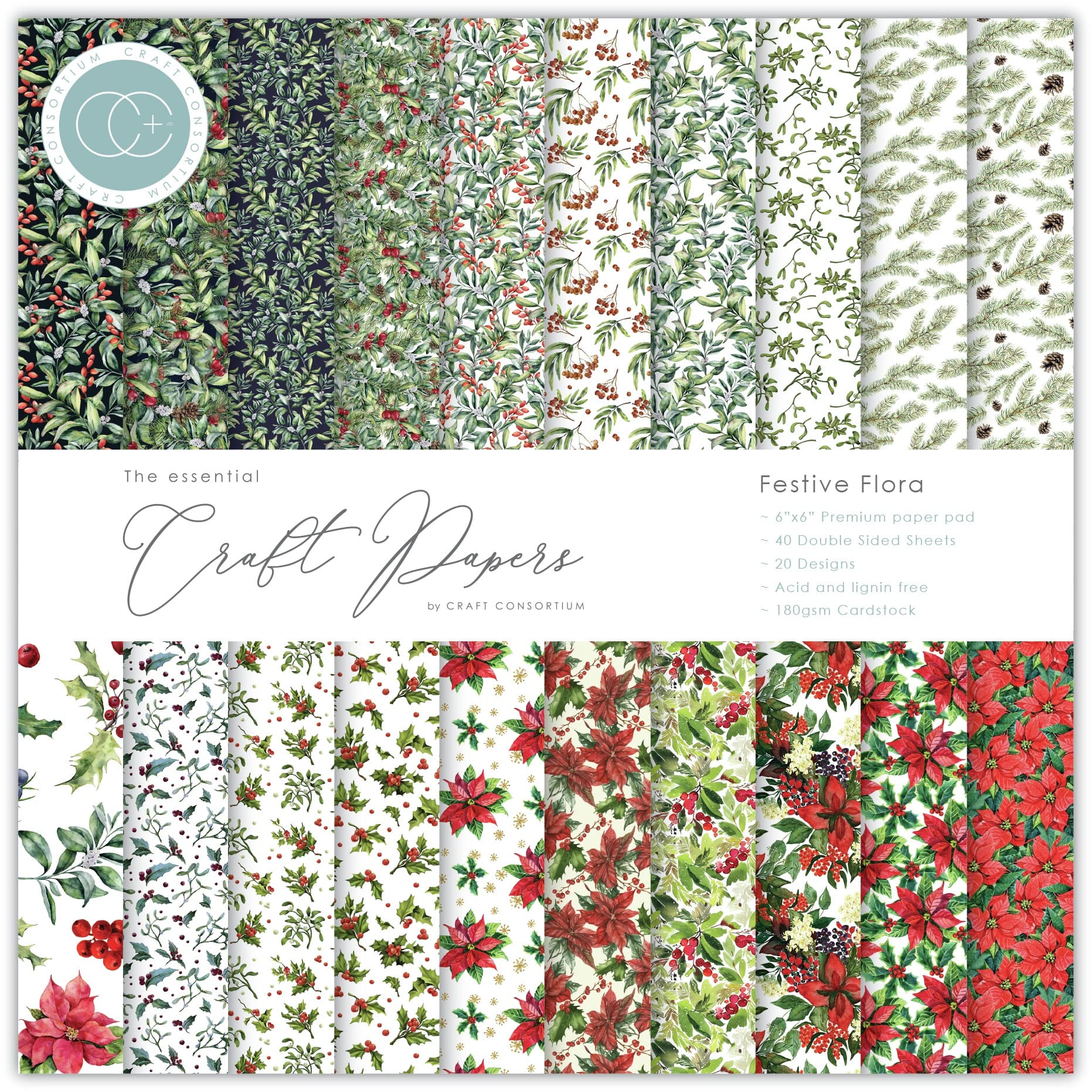 Craft Consortium Festive Flora Double-Sided Paper Pad, 6&#x22; x 6&#x22;