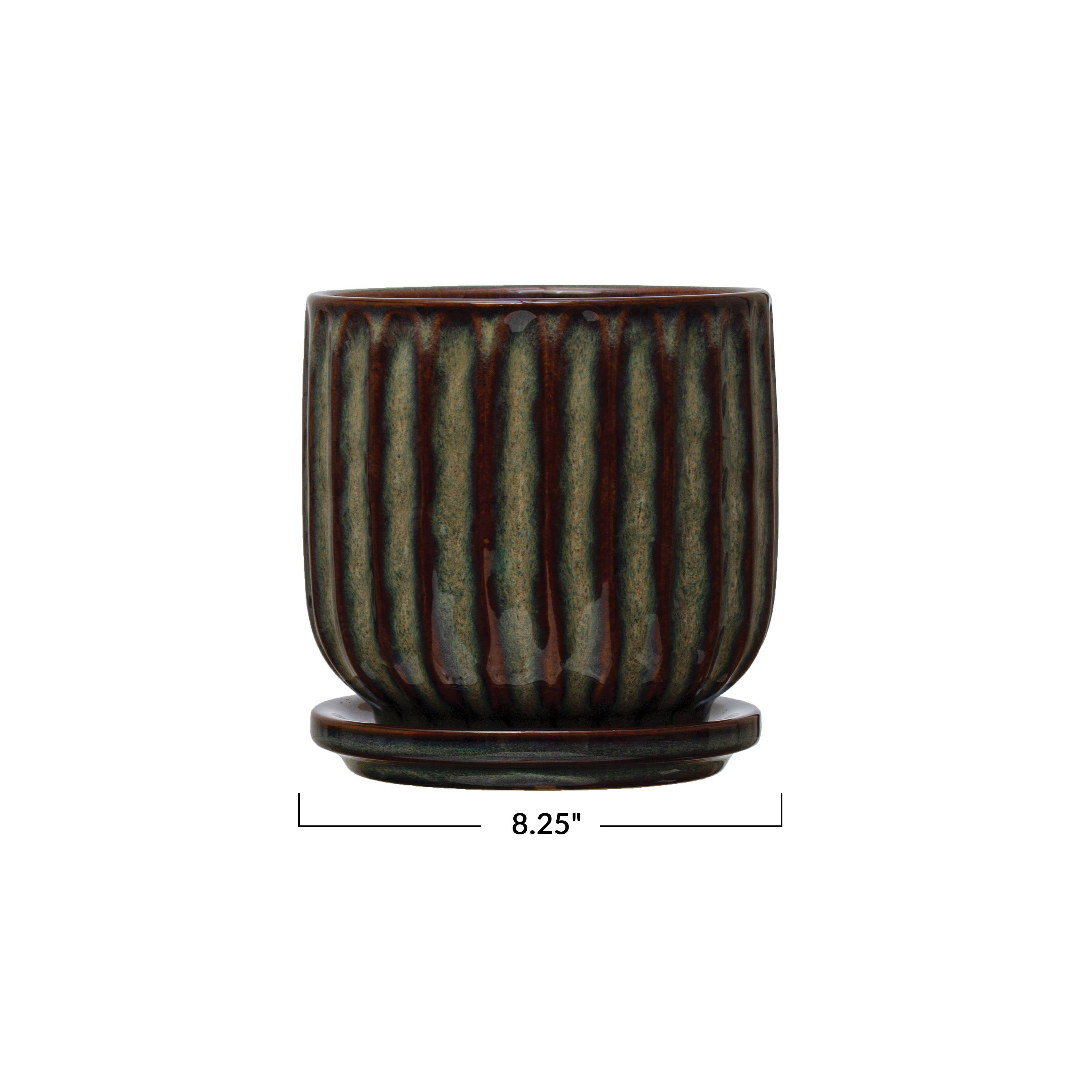 5&#x22; Multicolor Fluted Stoneware Planter with Stripes and Saucer