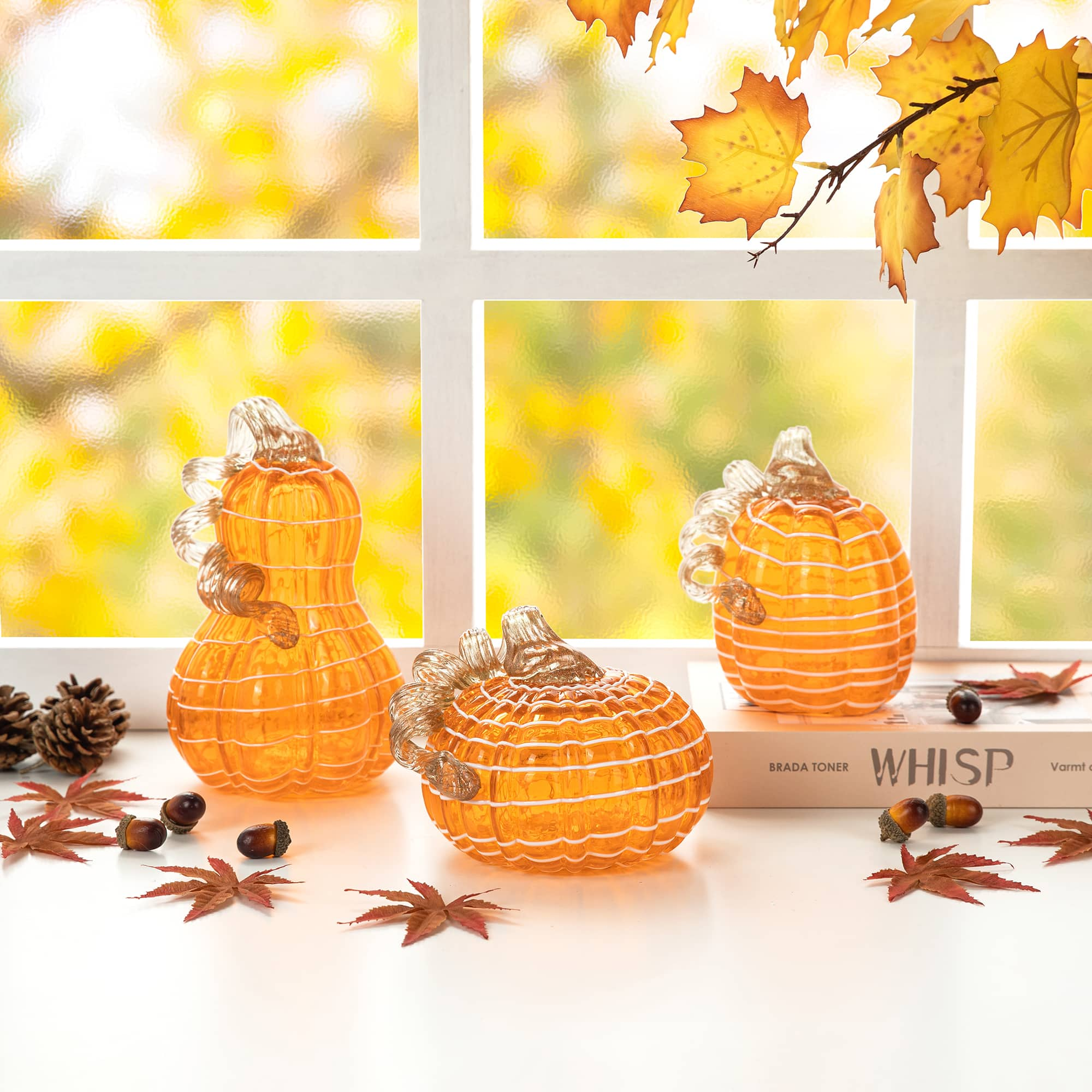 Glitzhome&#xAE; Orange and White Lines Glass Pumpkin &#x26; Gourd Set