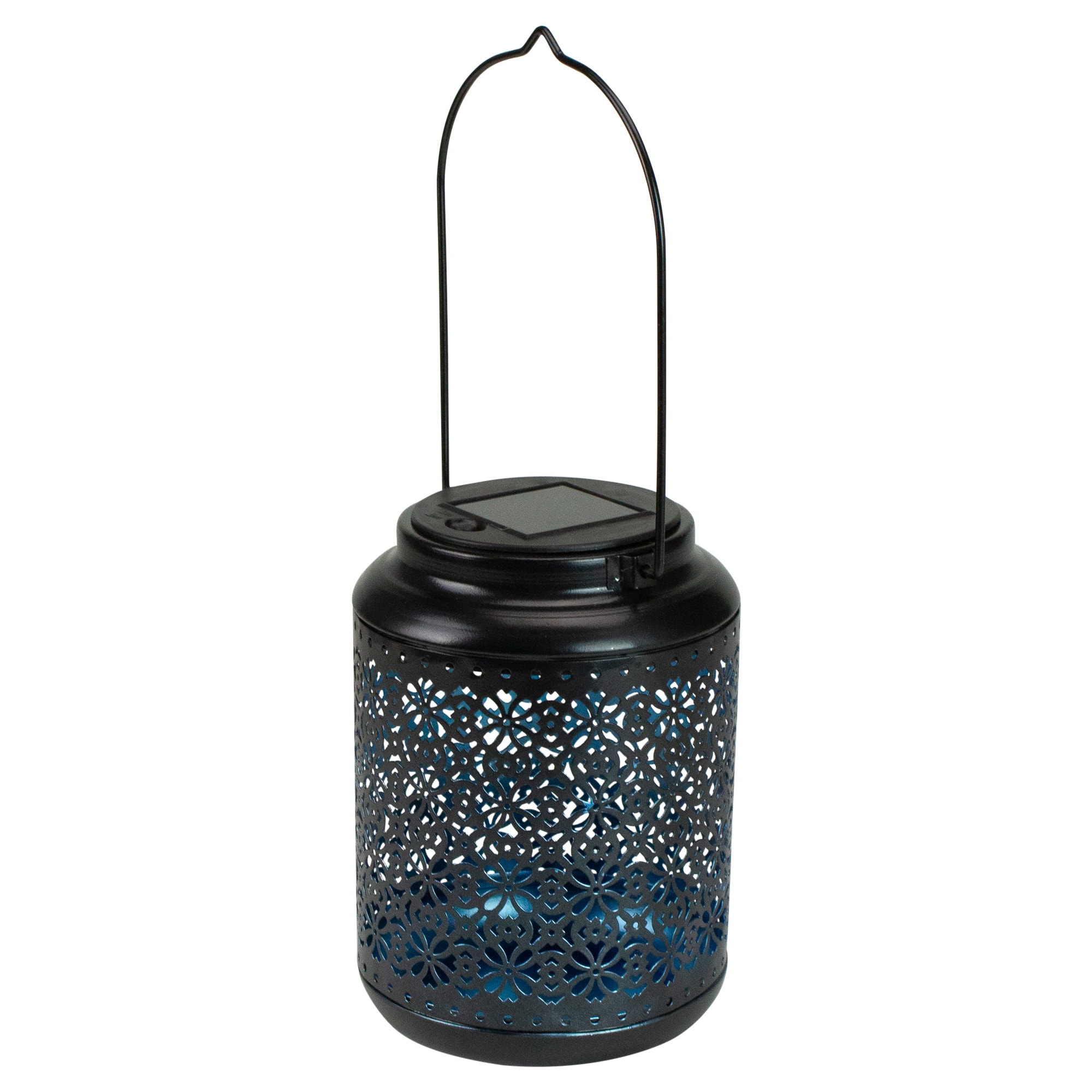 7" Black Integrated Floral LED Solar Outdoor Lantern with Handle