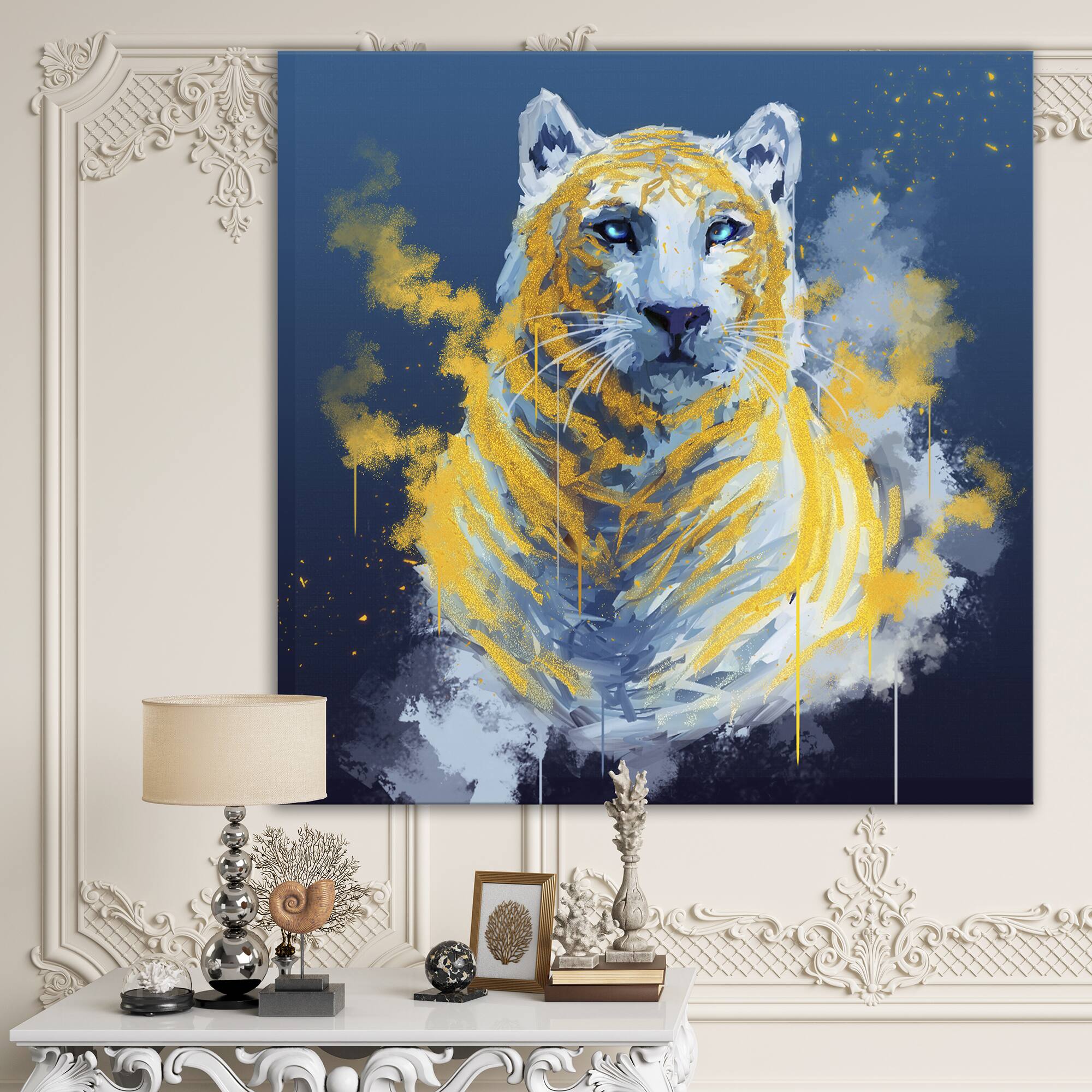 Designart - Tiger Spirit In Blue And Gold - Fashion Canvas Wall Art