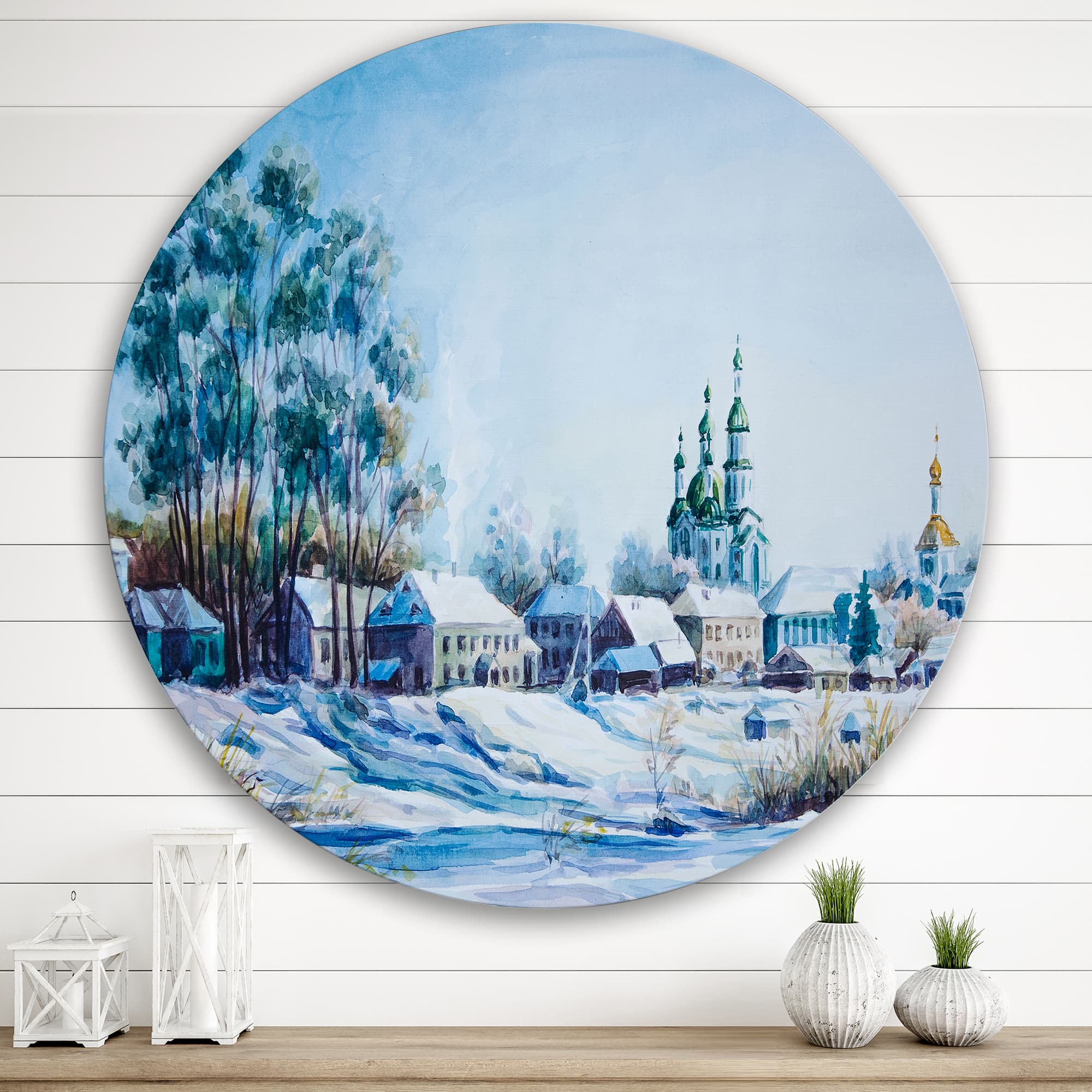 Designart - Small Town In Winter Times - Traditional Metal Circle Wall Art