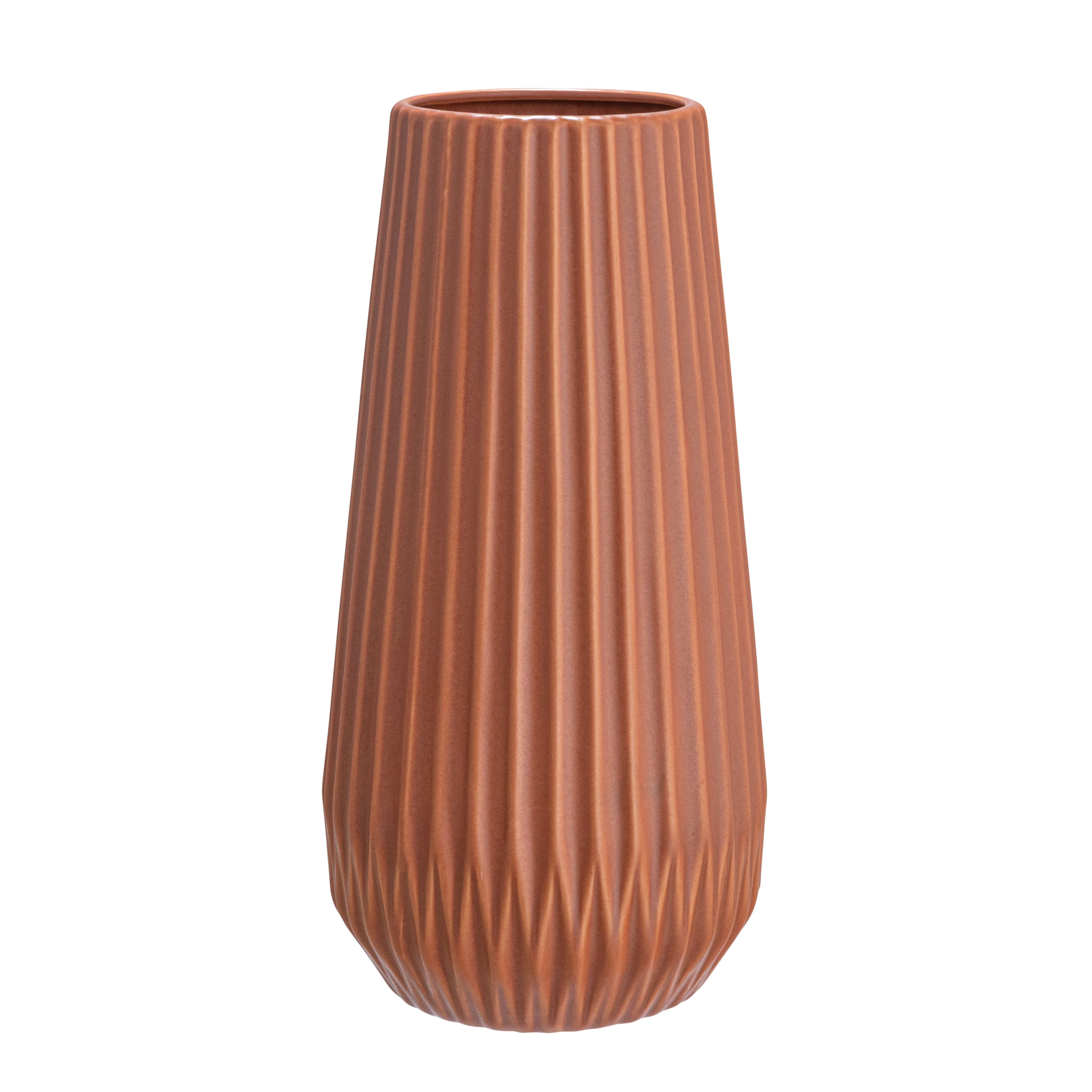 11.5&#x22; Matte Terra Cotta Round Stoneware Fluted Vase with Embossed Lines