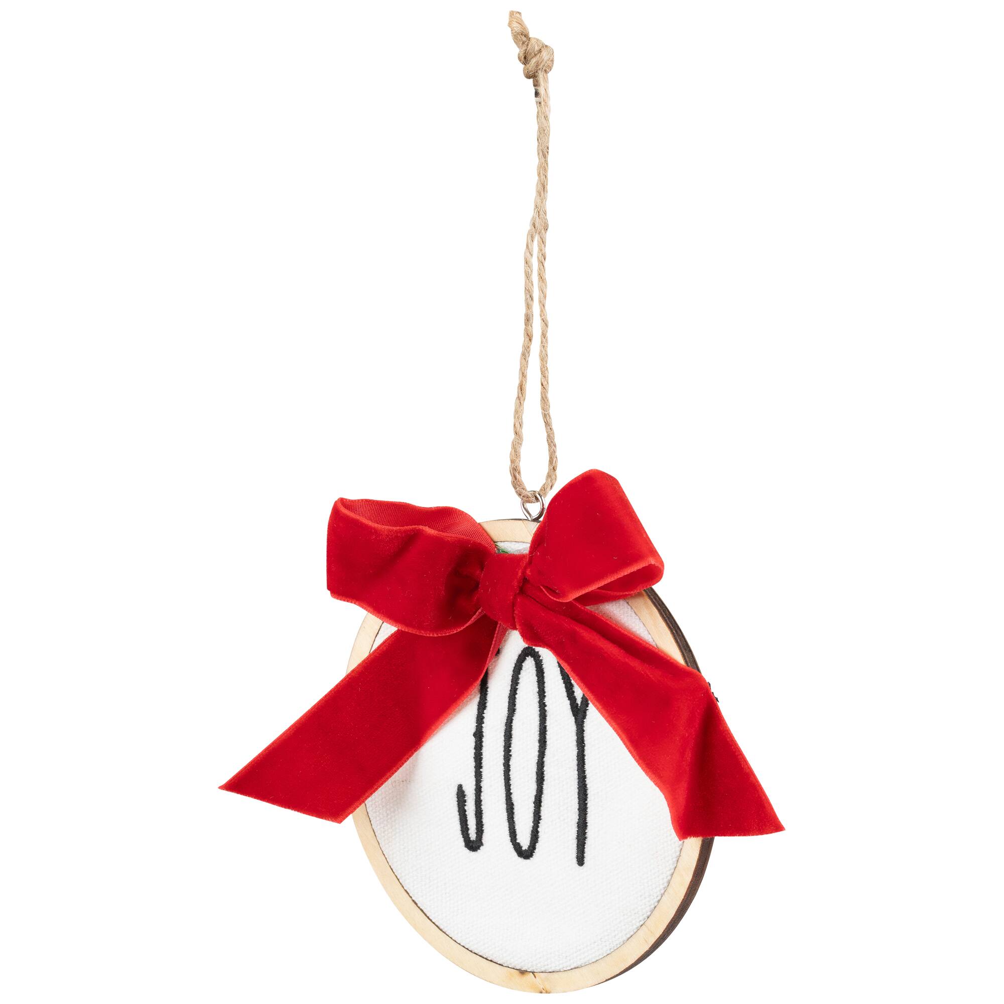 Embroidered Joy with Bow Wooden Disc Christmas Ornament - 4.5&#x22; - Red and White