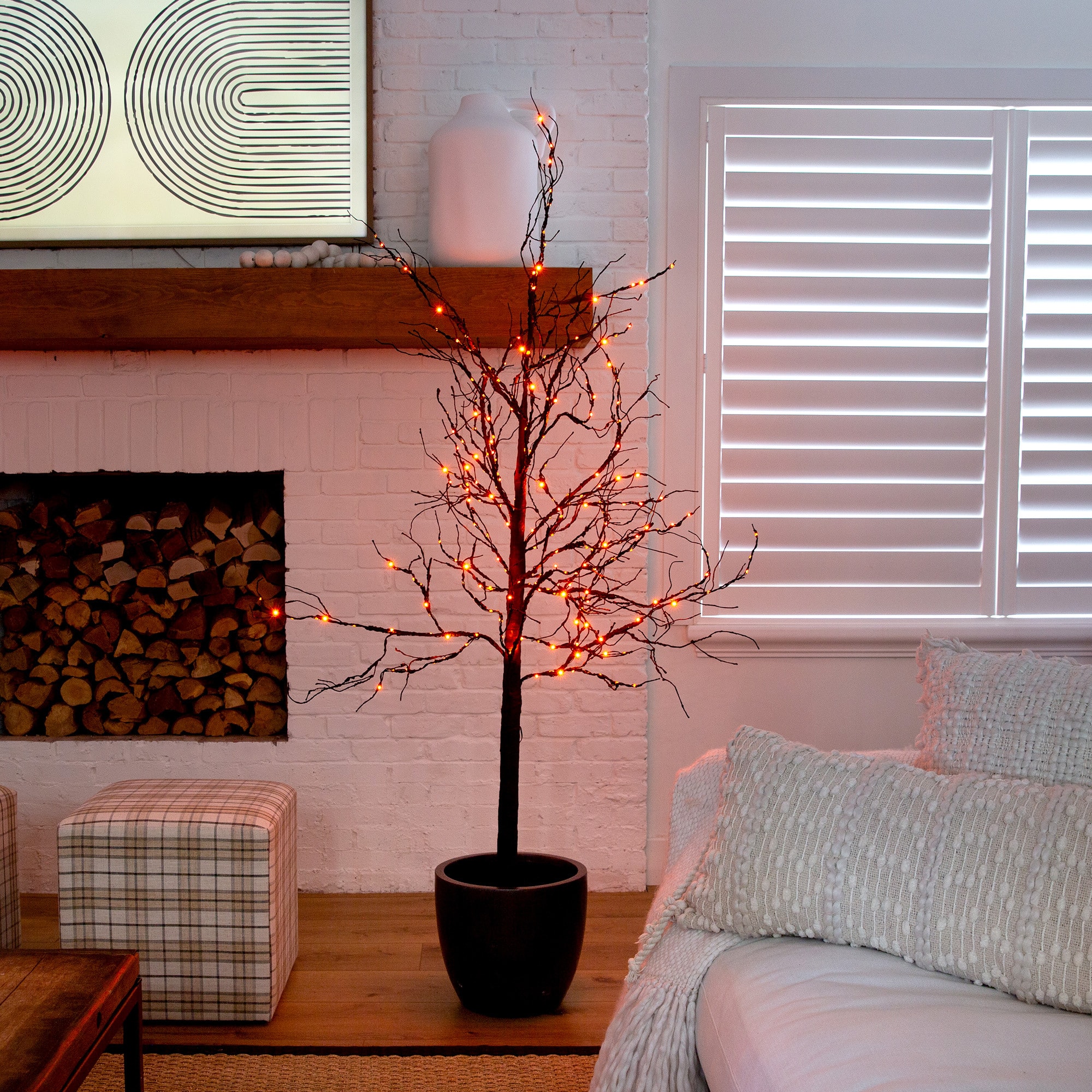 6ft. Orange &#x26; Purple LED Pre-Lit Halloween Deluxe Black Twig Artificial Fall Tree