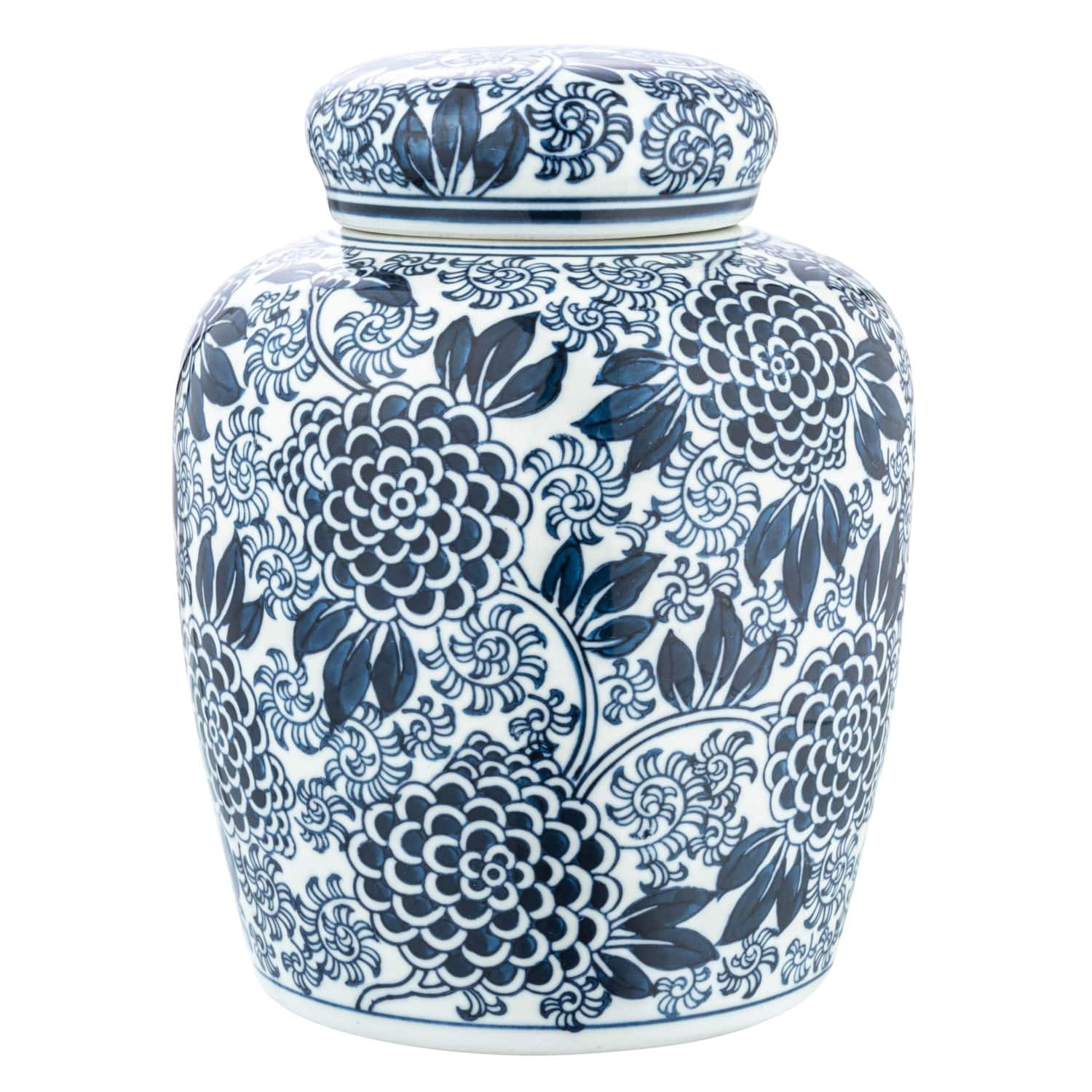 8&#x22; Blue &#x26; White Decorative Chrysanthemum Ceramic Ginger Jar with Lid