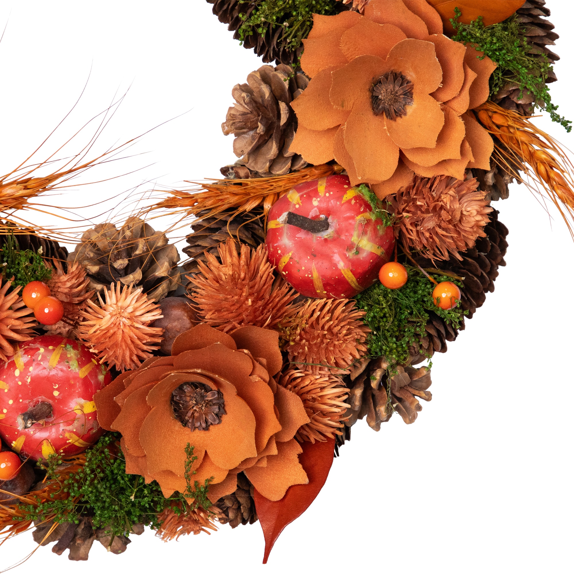 13.25'' Unlit Autumn Harvest Orange Flowers and Gourds Pine Cone Wreath