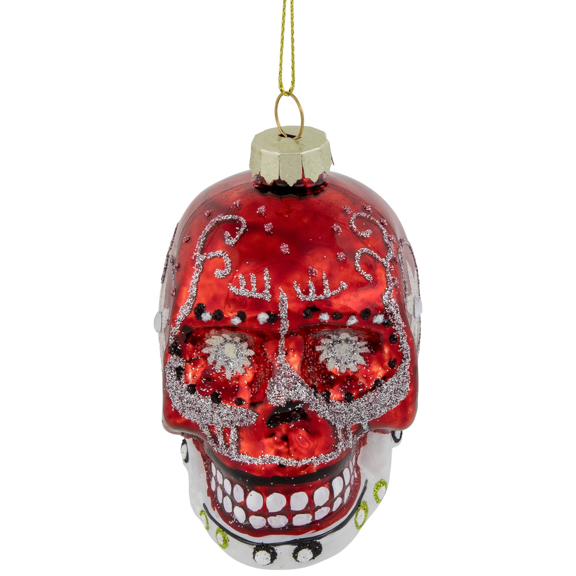 Day of the Dead Skull Head Glitter Glass Christmas Ornament