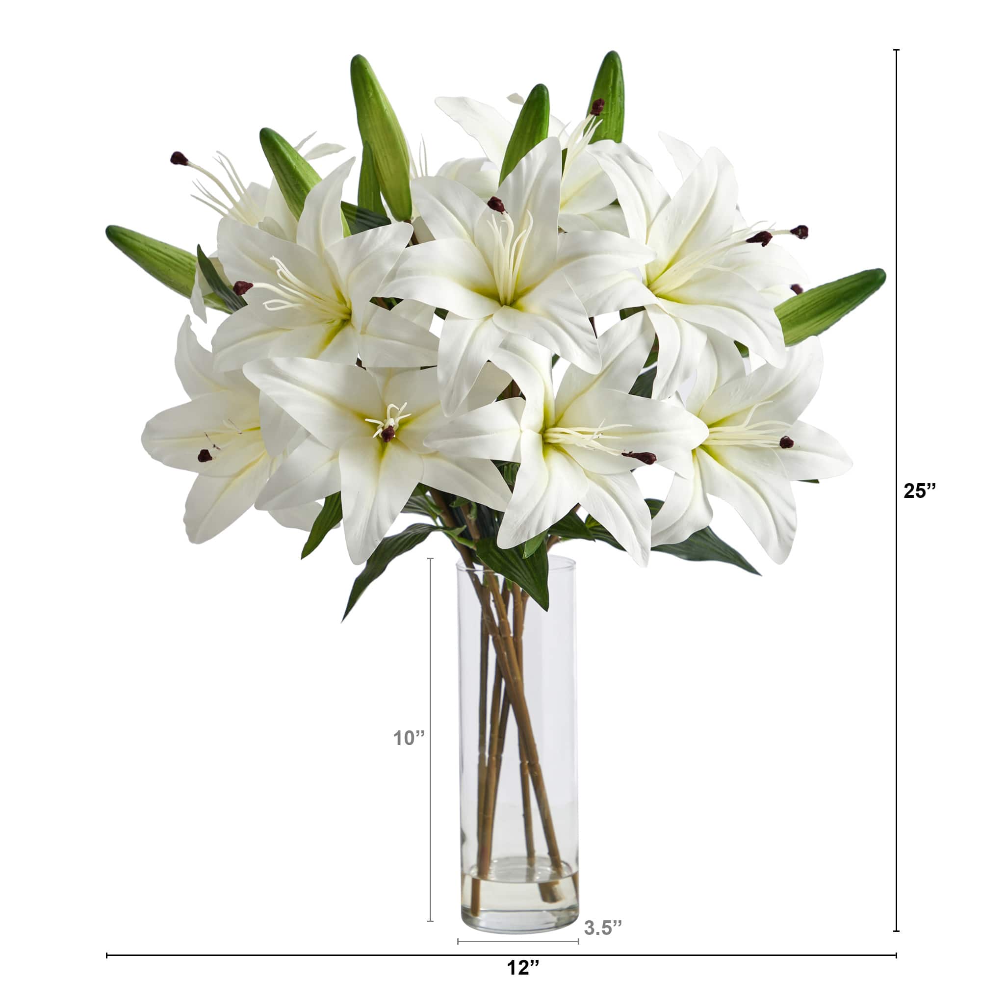 25" Artificial White Lily Arrangement with Cylinder Glass Vase