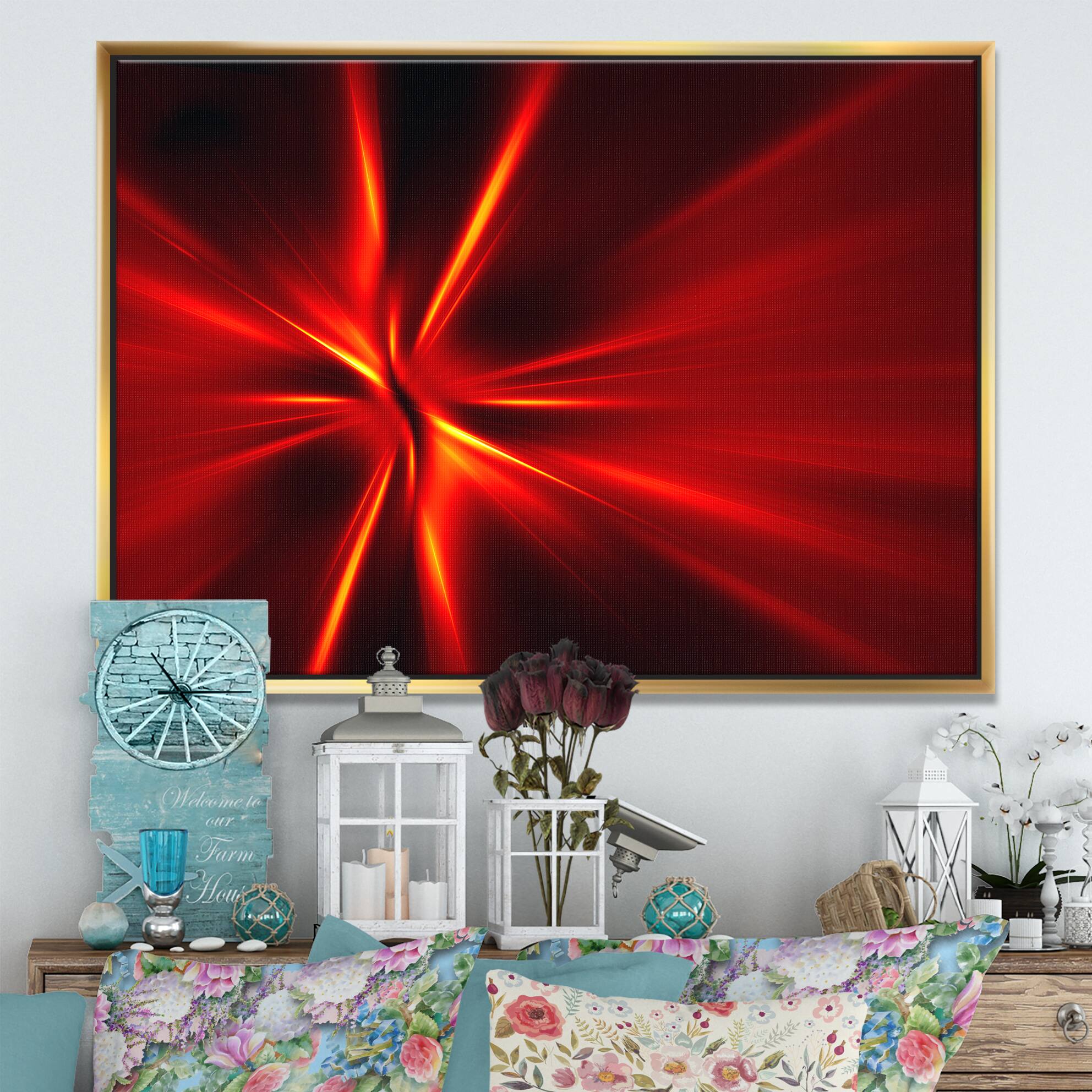 Designart - Red and Yellow Rays - Abstract Framed Canvas art print