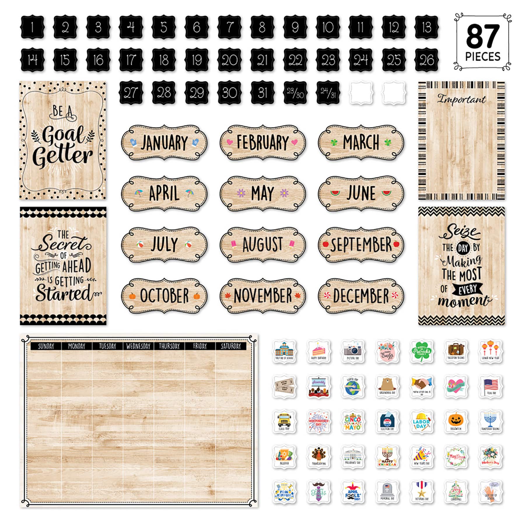 Creative Teaching Press® Black, White & Wood Calendar Set Bulletin Board Set