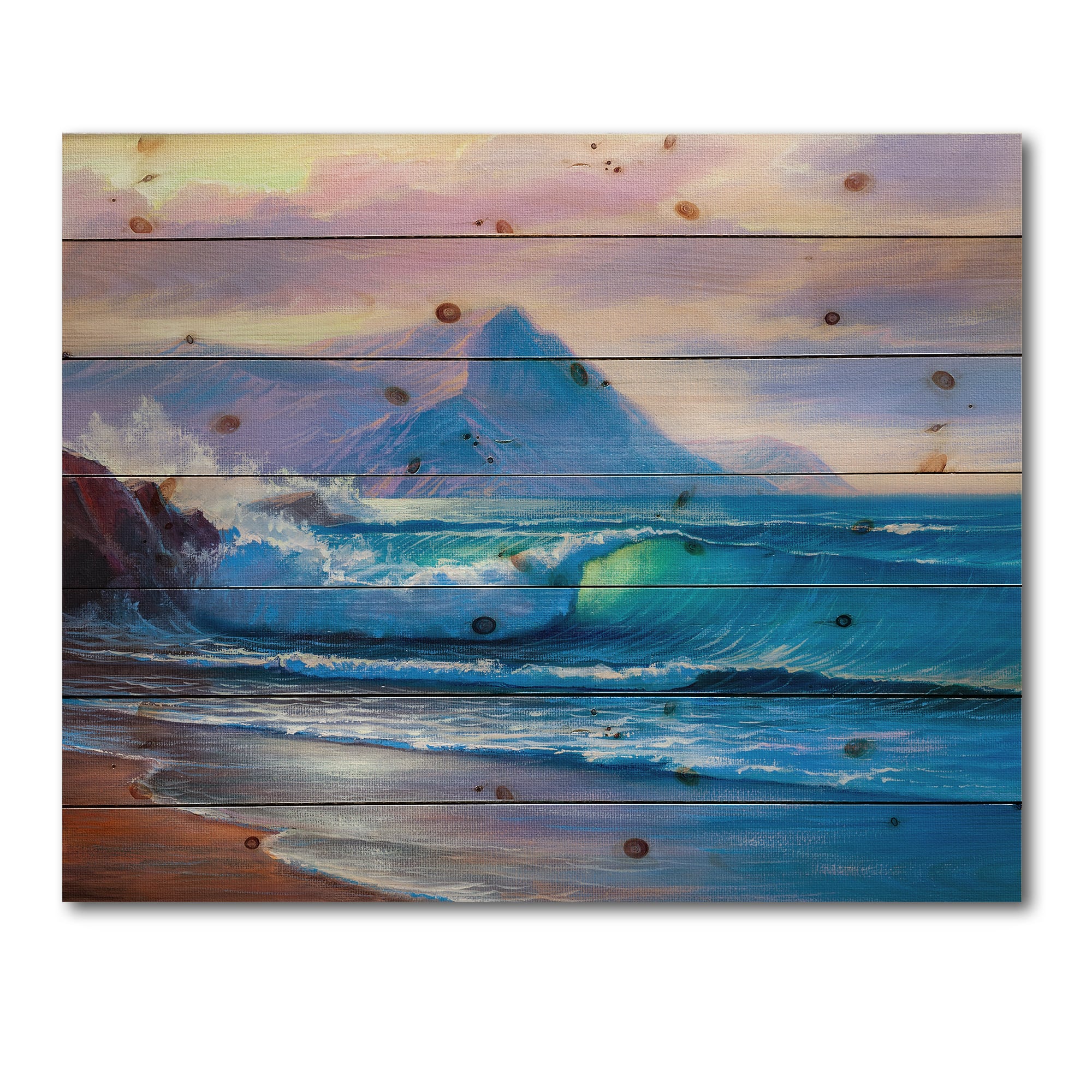 Designart - Blue Waves Breaking At The Beach I - Nautical &#x26; Coastal Print on Natural Pine Wood