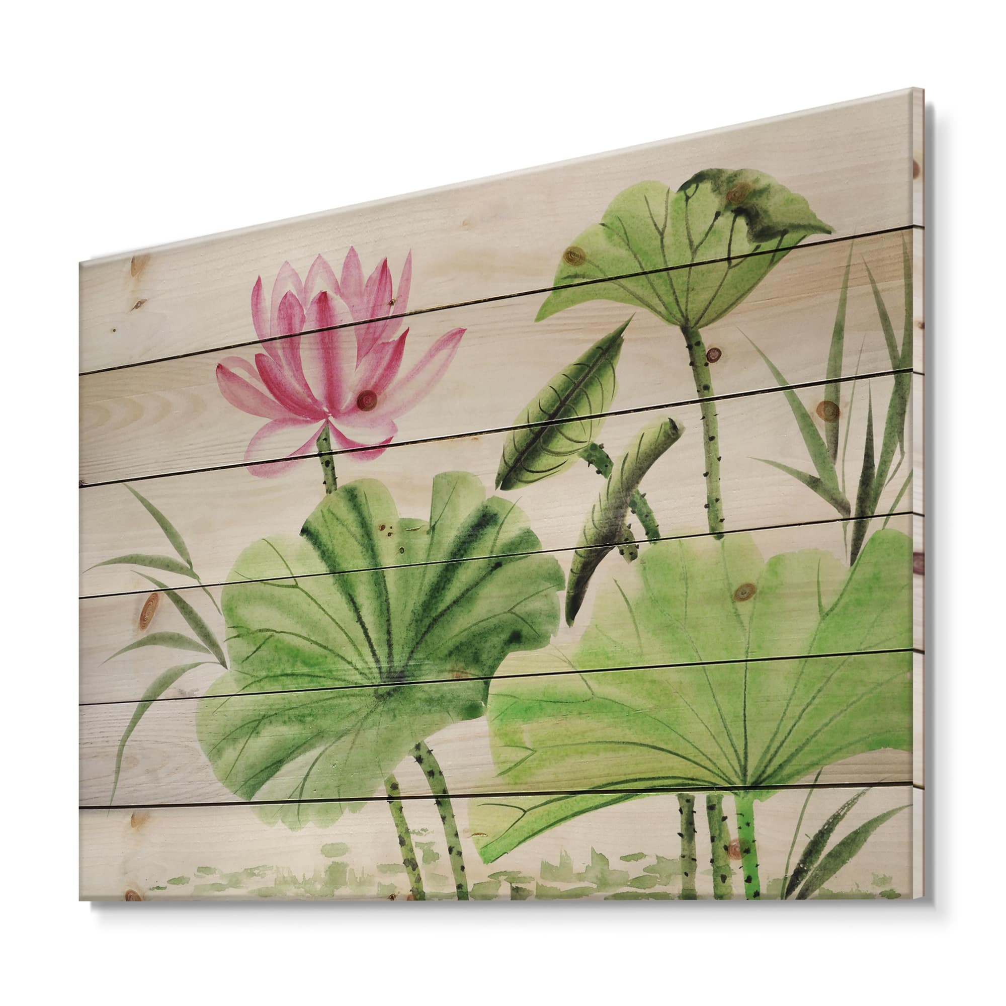 Designart - Vintage Pink Lotuses In The Pond V - Traditional Print on Natural Pine Wood