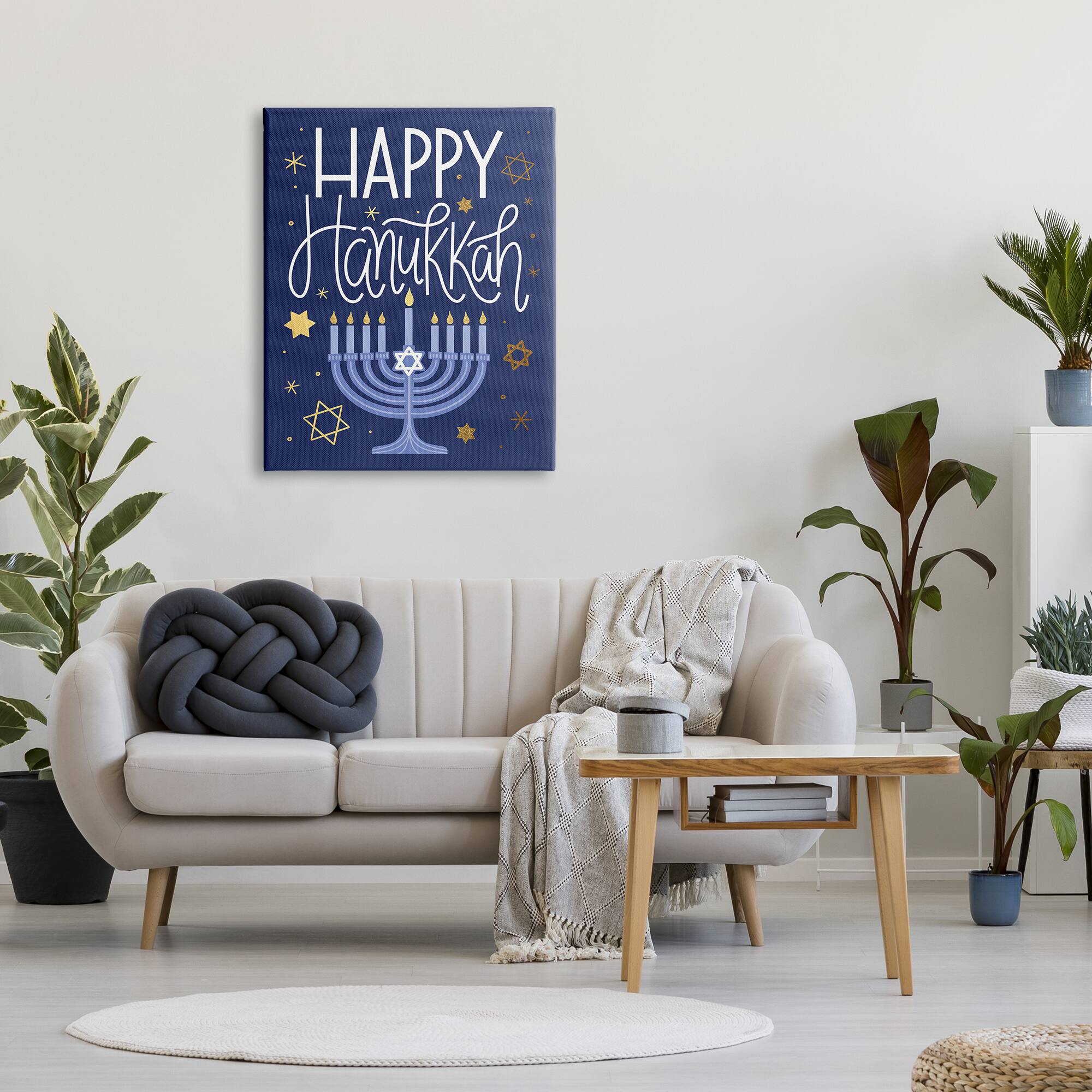 Stupell Industries Happy Hanukkah Blue Menorah Pattern Canvas Wall Art