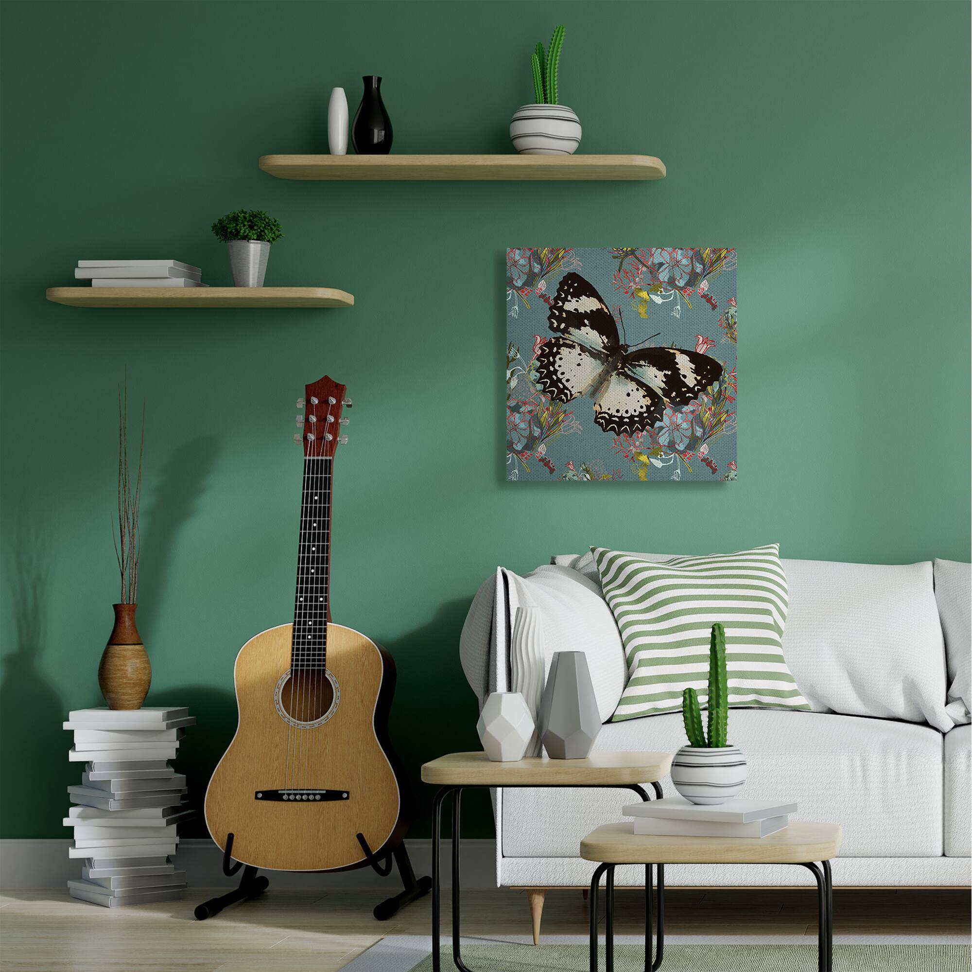 Stupell Industries Butterfly On Blue Pink Pattern Abstract Design Canvas Wall Art