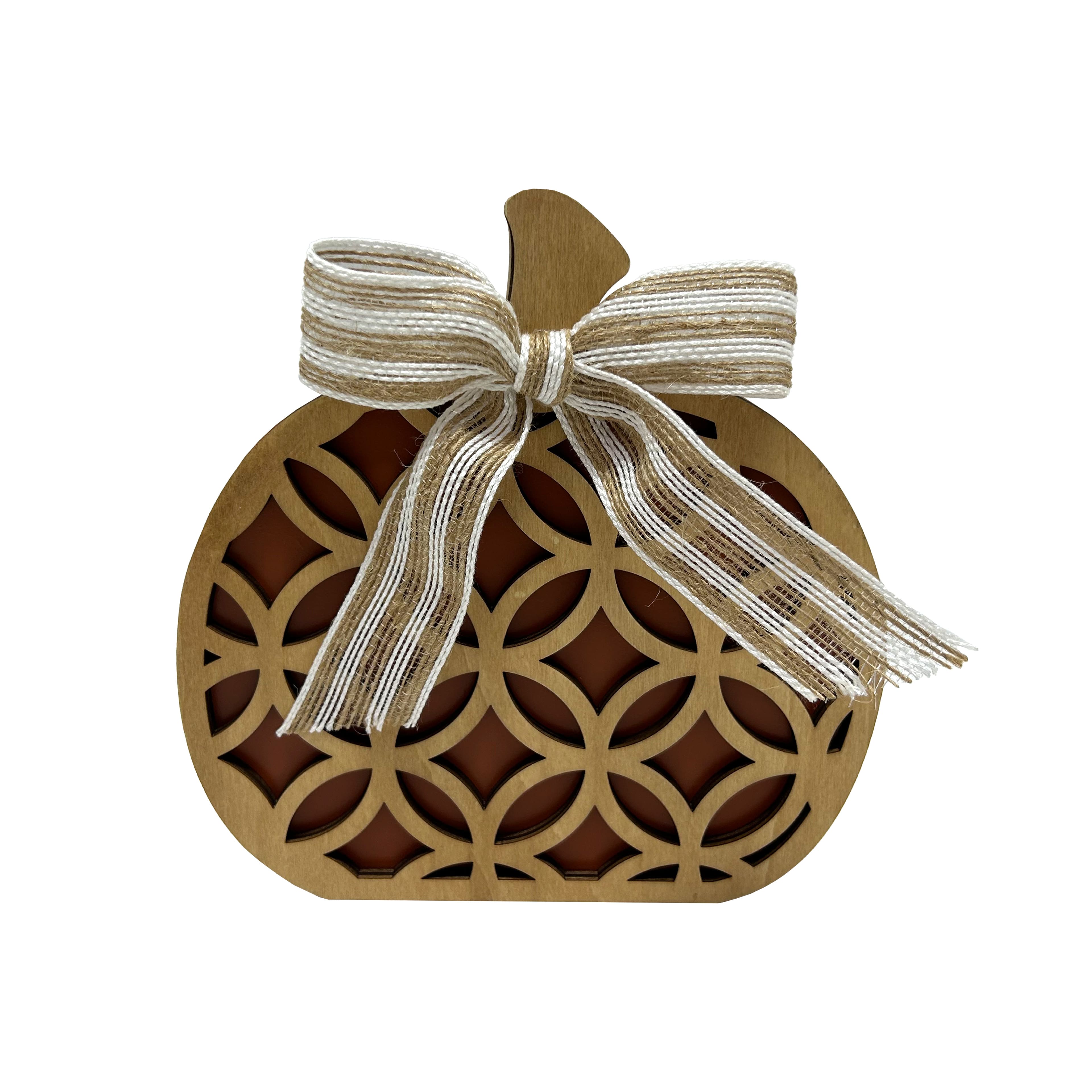 Brown &#x26; Orange Circle Lattice Pumpkin Tabletop D&#xE9;cor with Striped Burlap Bow by Ashland&#xAE;