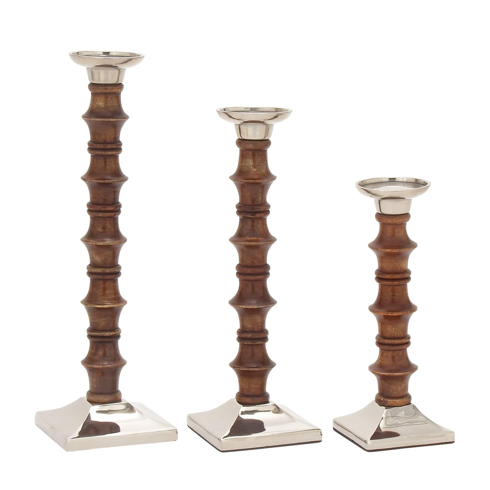 Brown Wood &#x26; Aluminum Pillar Candle Holder Set