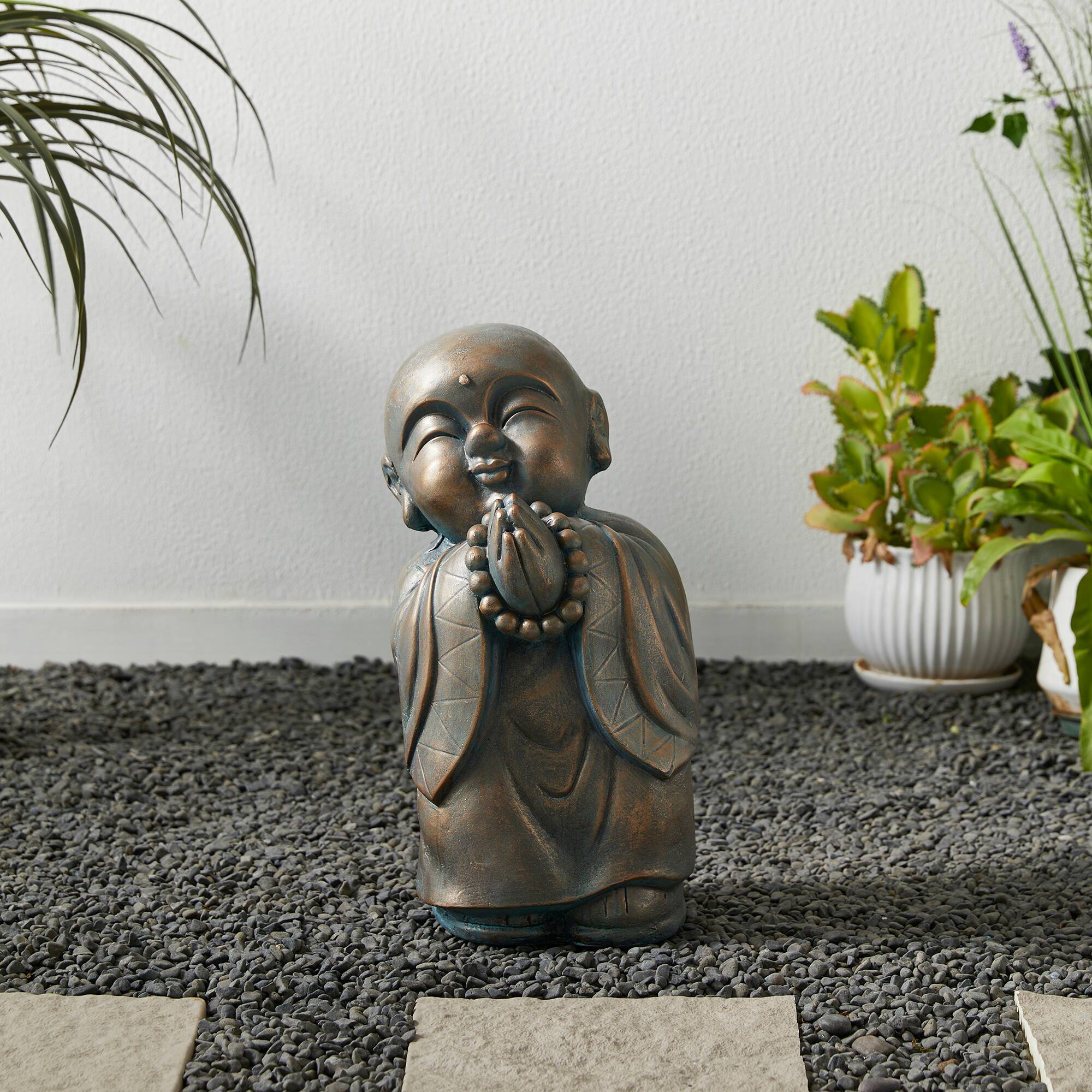 Glitzhome® 16.5" Faux Bronze Little Buddha Monk Garden Statue