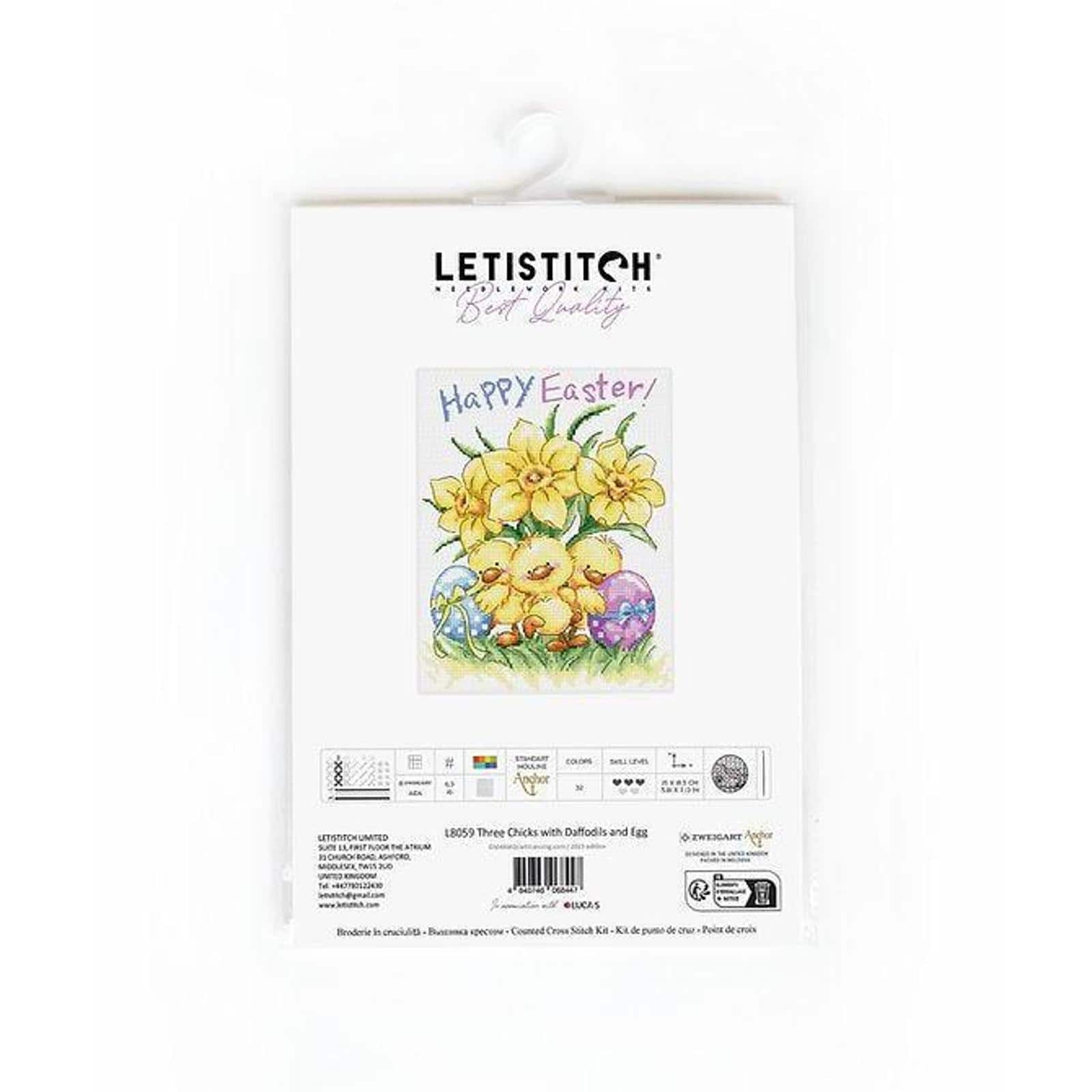 LetiStitch Three Chicks with Daffodils & Egg Counted Cross Stitch Kit