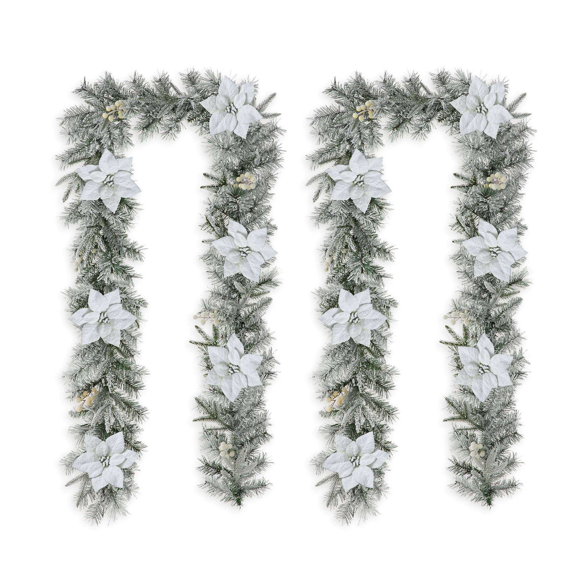 Glitzhome® 9ft. Pre-Lit Snow-Flocked Greenery Pine & Poinsettia Christmas Garlands, 2ct.