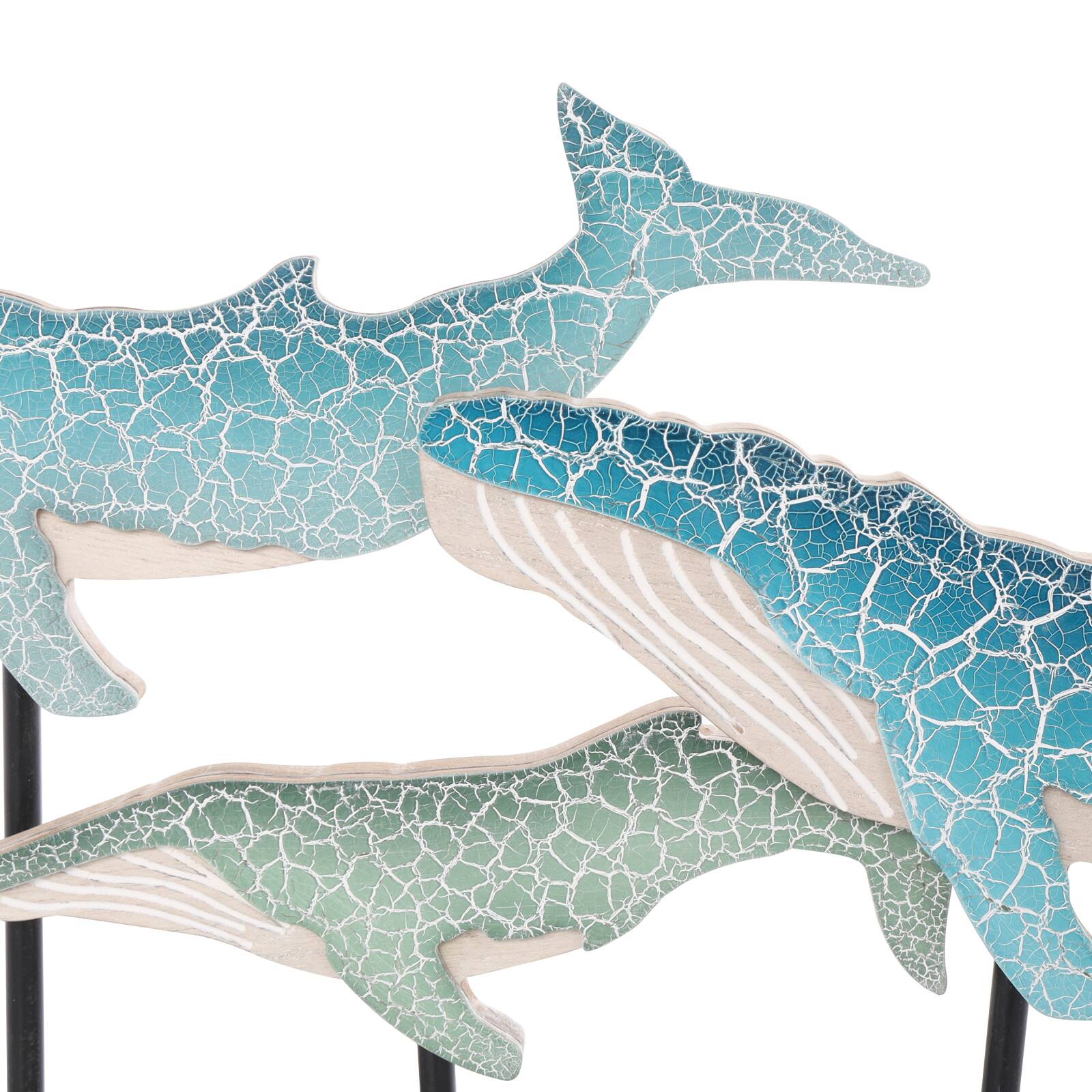 20" Blue Wooden Whale Textured Sculpture with Black Metal Stand