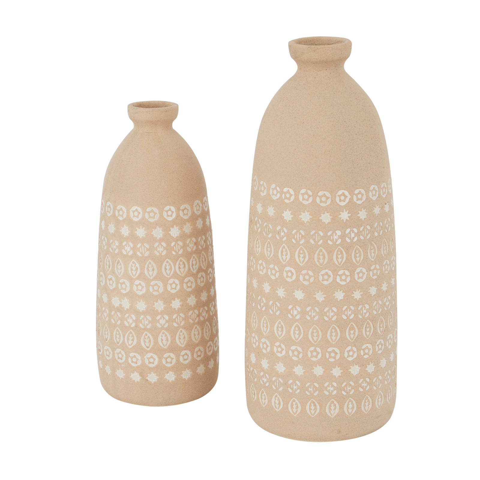 Set of 2 Beige Stoneware Rustic Vases, 15&#x22; x 5&#x22; x 5&#x22;