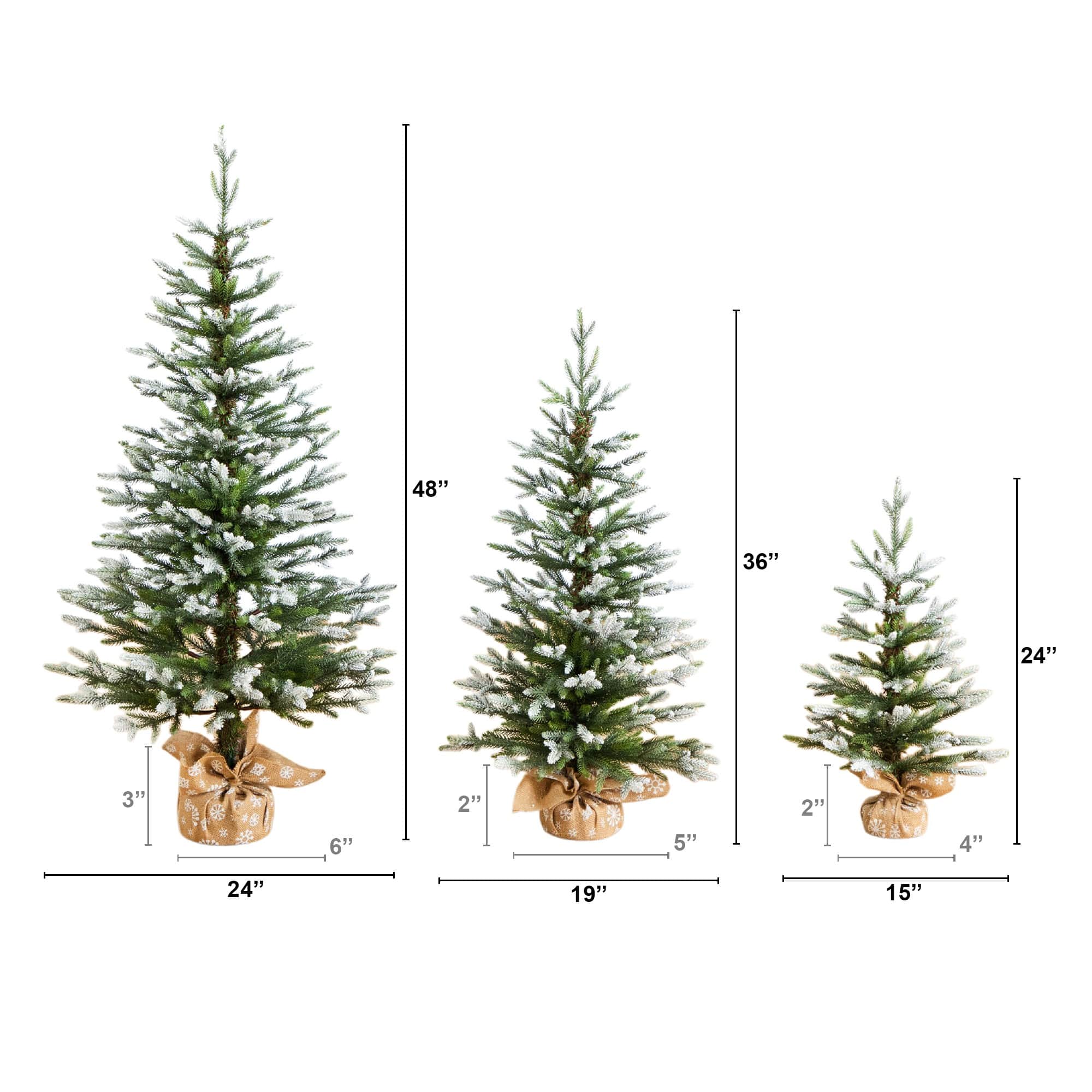 2ft., 3ft. & 4ft. Unlit Snowed Balsam Fir Artificial Christmas Trees in Burlap Base, Set of 3