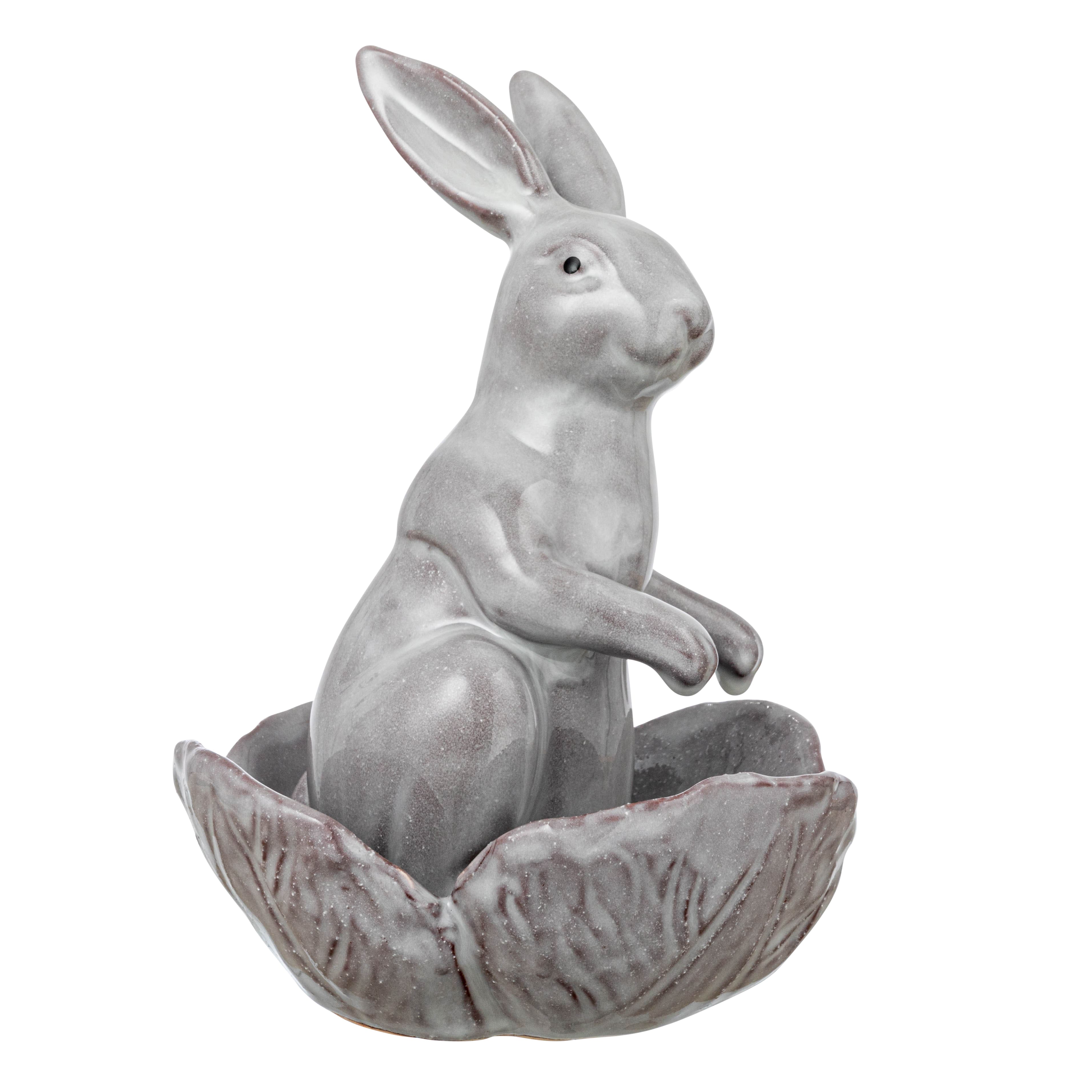 8&#x22; White Stoneware Rabbit Figurine with Flower Shaped Bowl