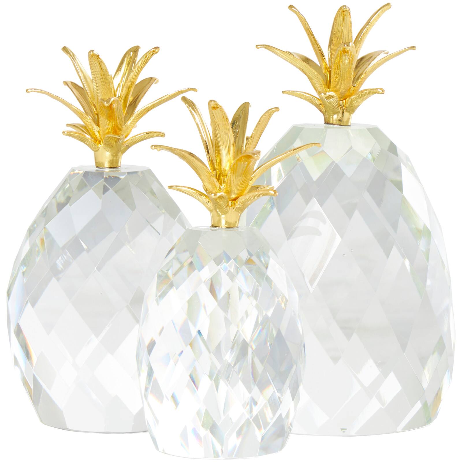 Clear & Gold Crystal Faceted Pineapple Sculpture Set