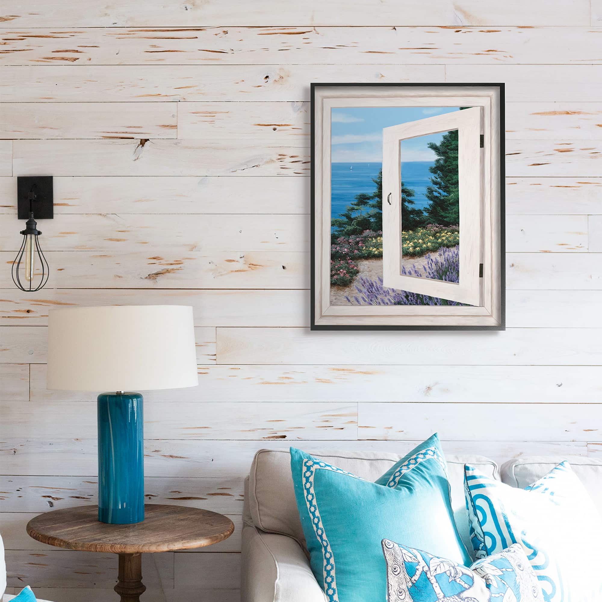 Stupell Industries Coastal View From Window Distant Boats on Ocean in Black Frame Wall Art