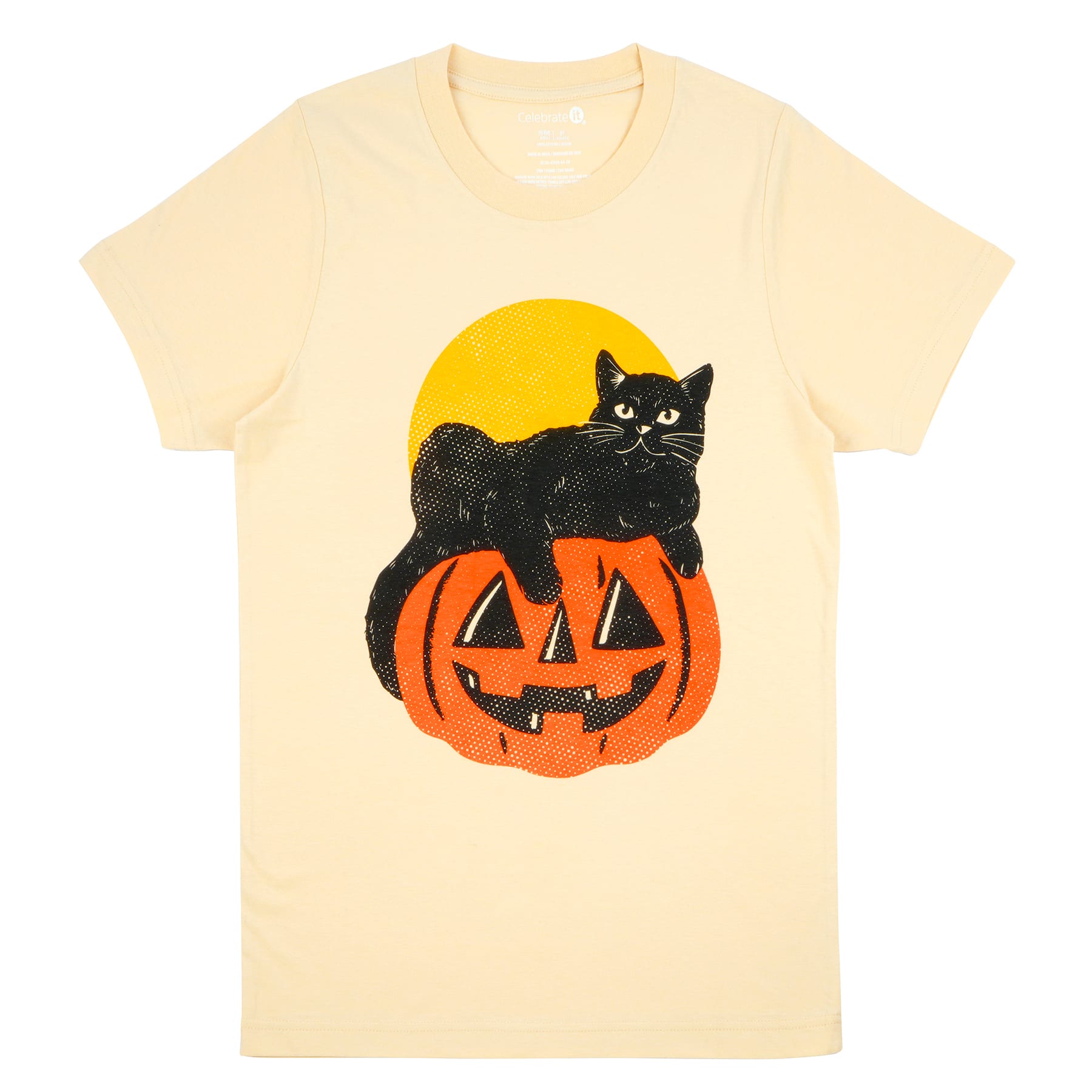 Beige Black Cat on Jack-o&#x27;-Lantern Adult Crew Neck T-Shirt by Celebrate It&#x2122;