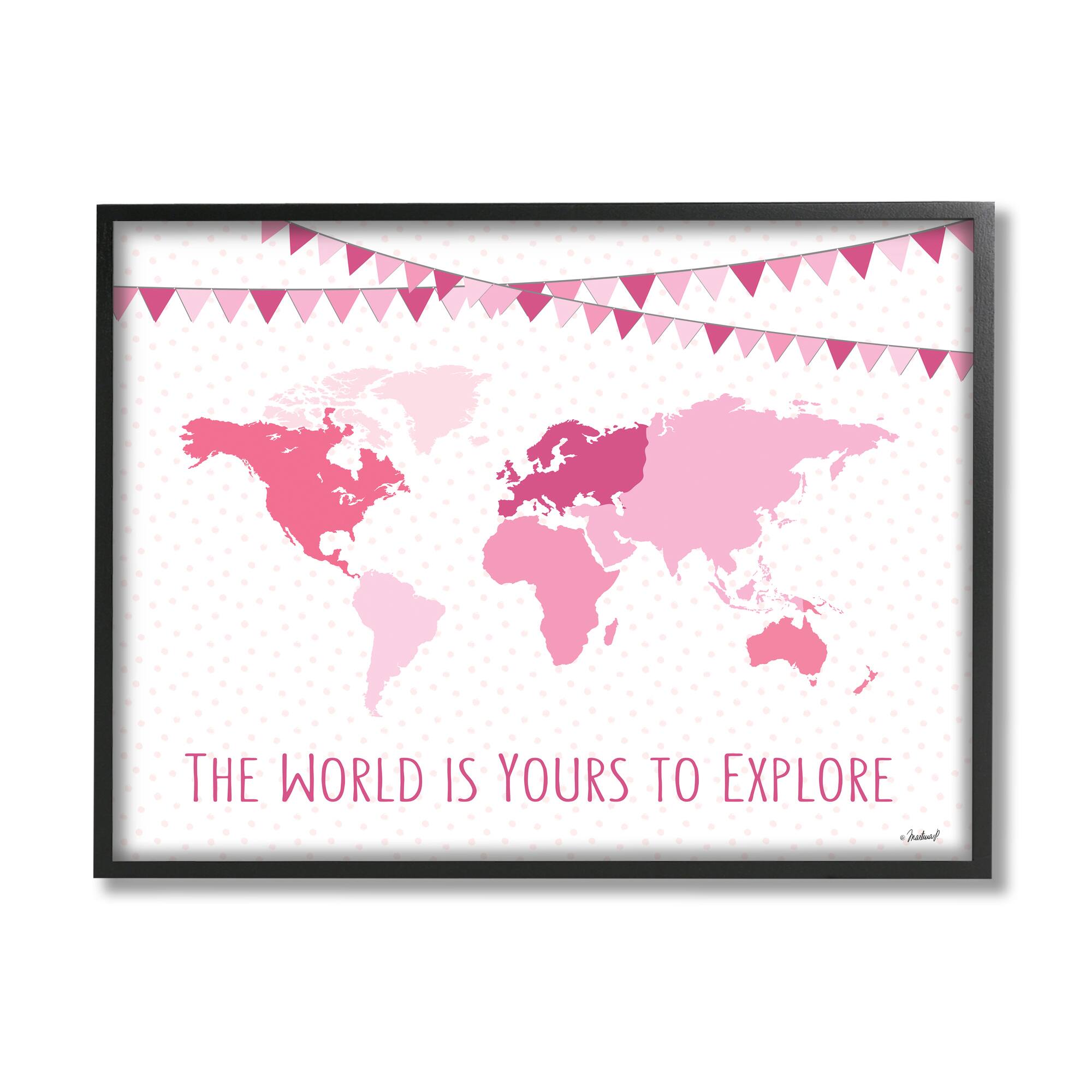 Stupell Industries World Is Yours to Explore Motivational World Map in Black Frame Wall Art
